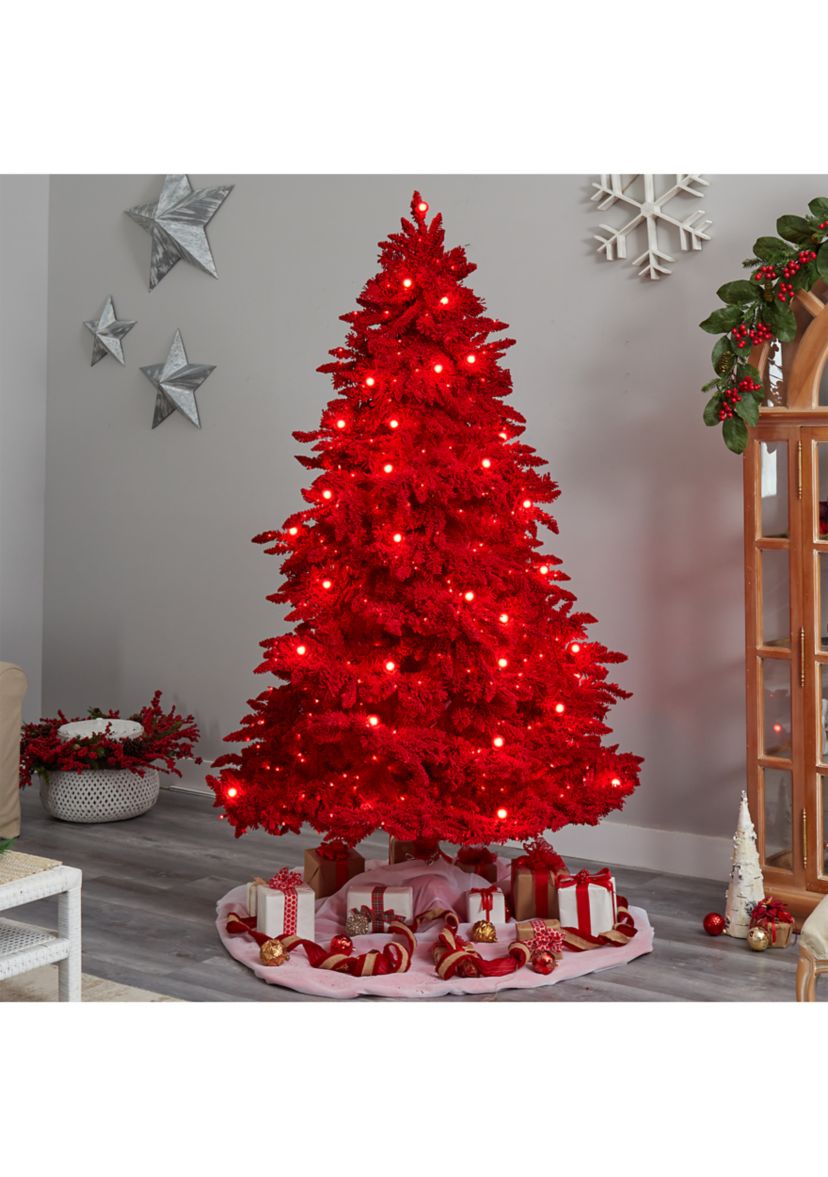 8-Foot Red Flocked Fraser Fir Artificial Christmas Tree with 700 Red Lights, 45 Globe Bulbs and 1468 Bendable Branches