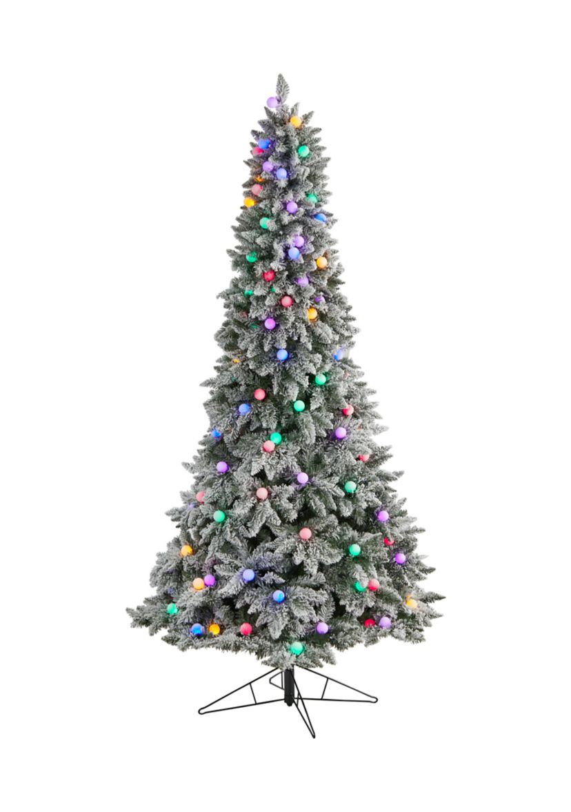 8.5-Foot Flocked British Columbia Mountain Fir Artificial Christmas Tree with 120 Multi Color Globe Bulbs and 1513 Bendable Branches