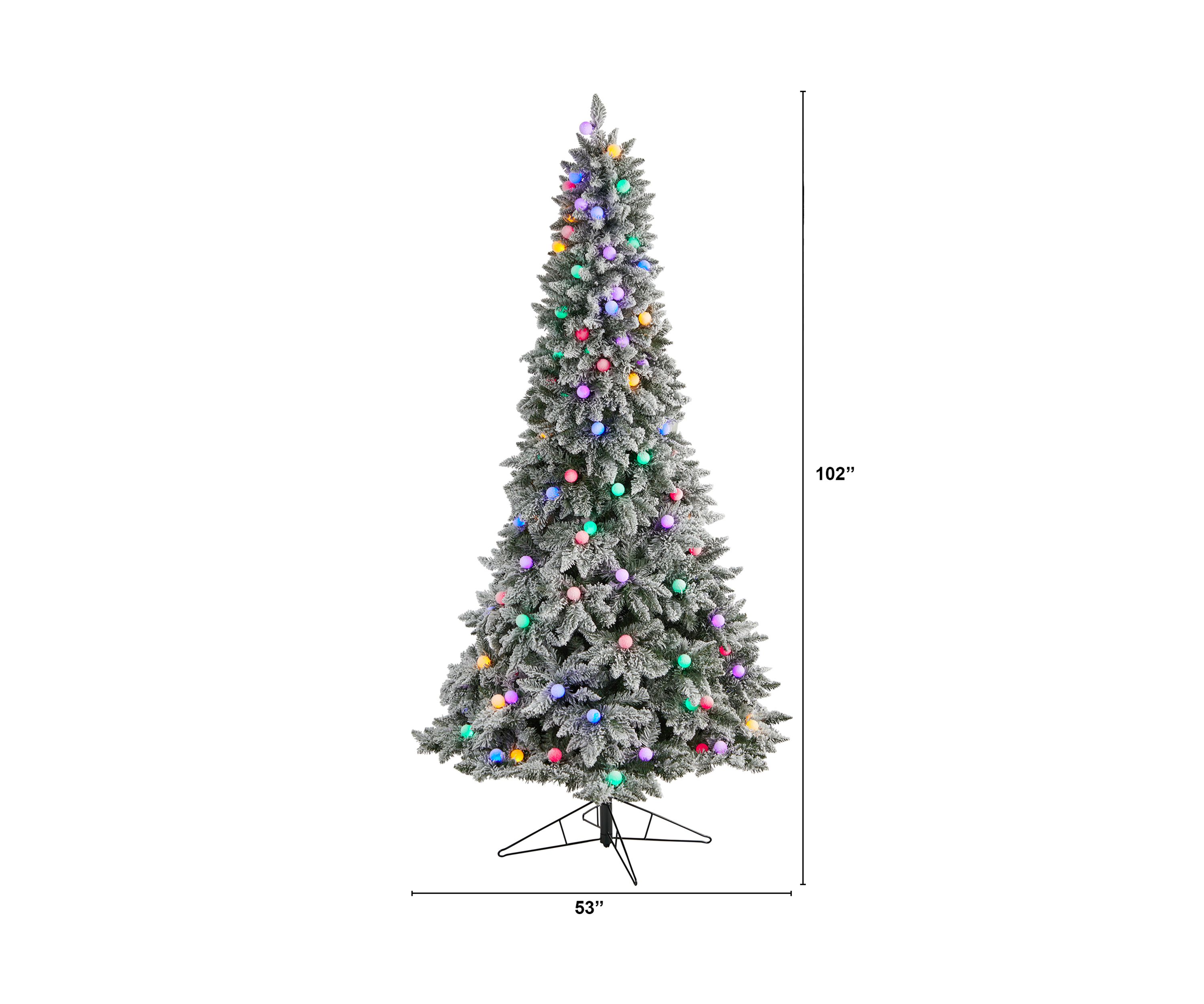 8.5-Foot Flocked British Columbia Mountain Fir Artificial Christmas Tree with 120 Multi Color Globe Bulbs and 1513 Bendable Branches
