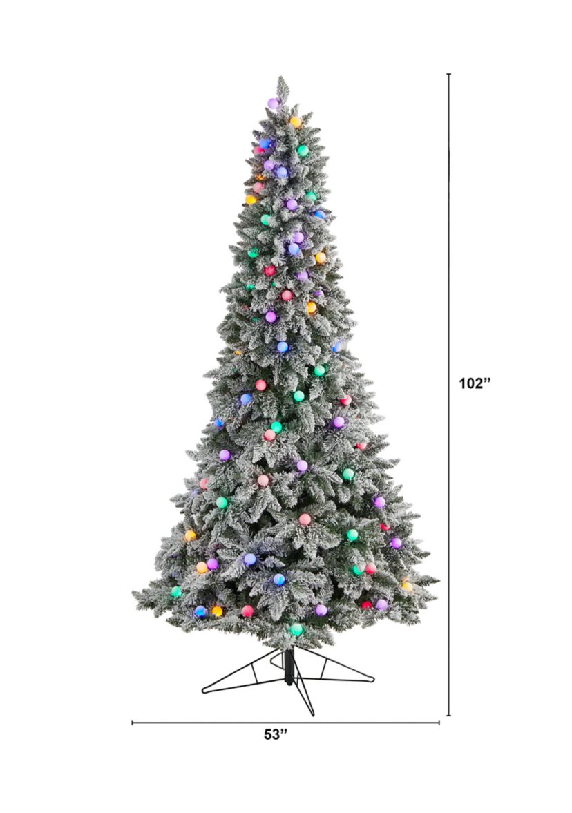 8.5-Foot Flocked British Columbia Mountain Fir Artificial Christmas Tree with 120 Multi Color Globe Bulbs and 1513 Bendable Branches