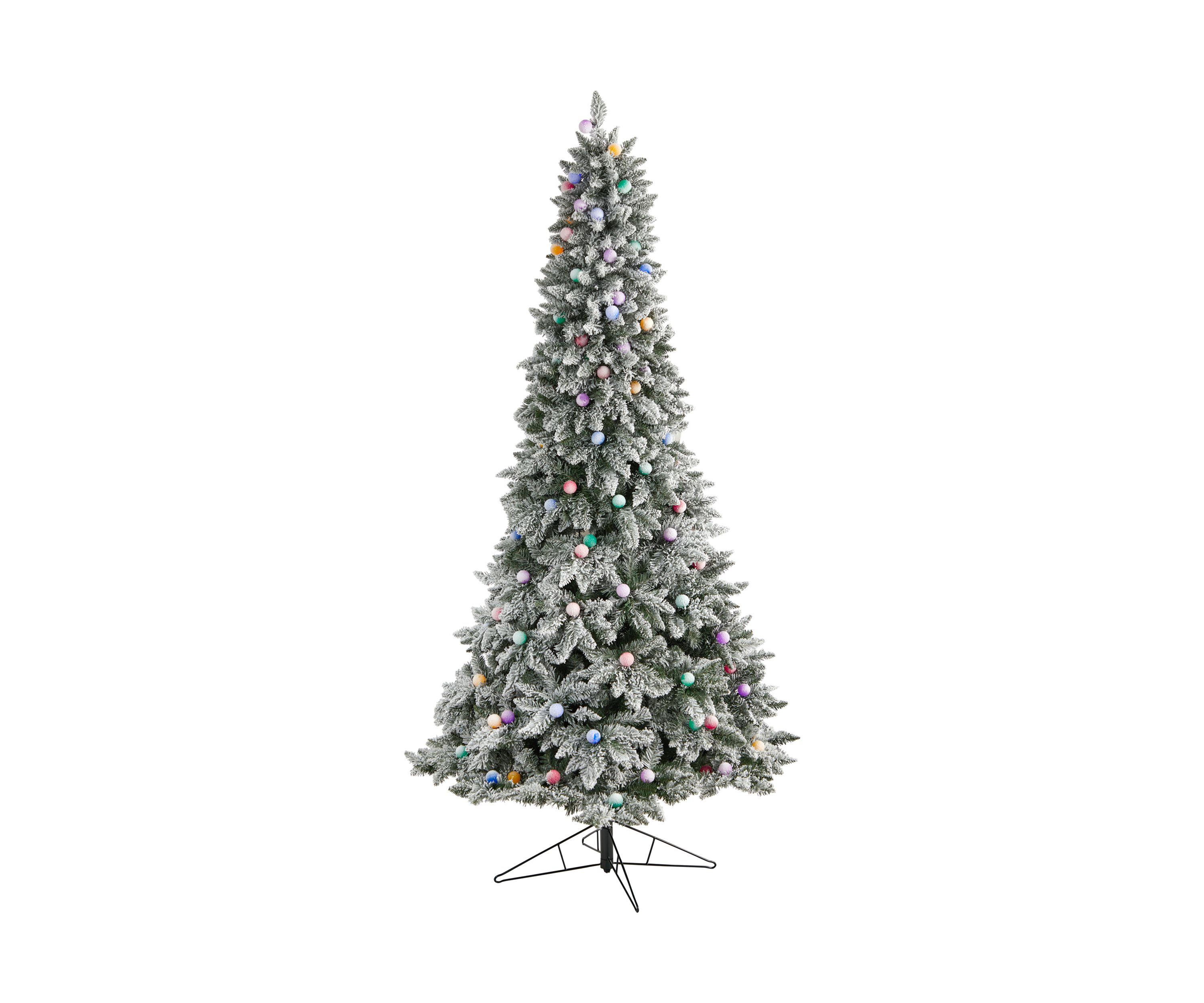 8.5-Foot Flocked British Columbia Mountain Fir Artificial Christmas Tree with 120 Multi Color Globe Bulbs and 1513 Bendable Branches