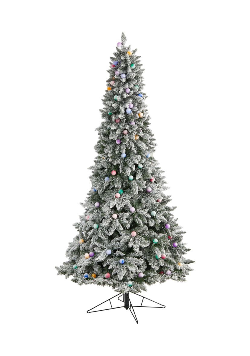 8.5-Foot Flocked British Columbia Mountain Fir Artificial Christmas Tree with 120 Multi Color Globe Bulbs and 1513 Bendable Branches
