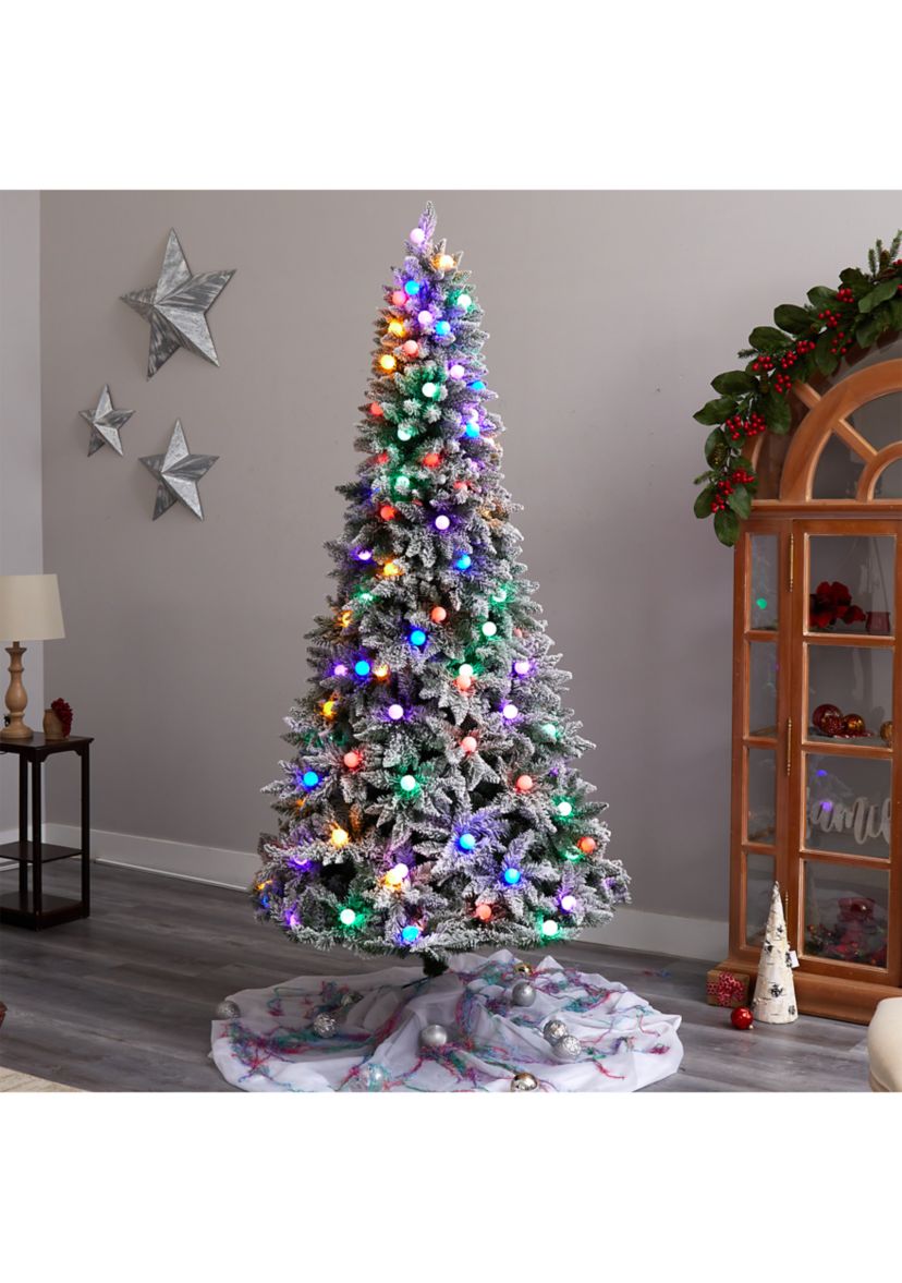 8.5-Foot Flocked British Columbia Mountain Fir Artificial Christmas Tree with 120 Multi Color Globe Bulbs and 1513 Bendable Branches