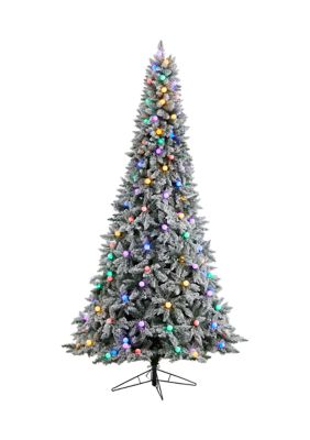 Foot Flocked British Columbia Mountain Fir Artificial Christmas Tree with Multi Color Globe Bulbs and Bendable Branches