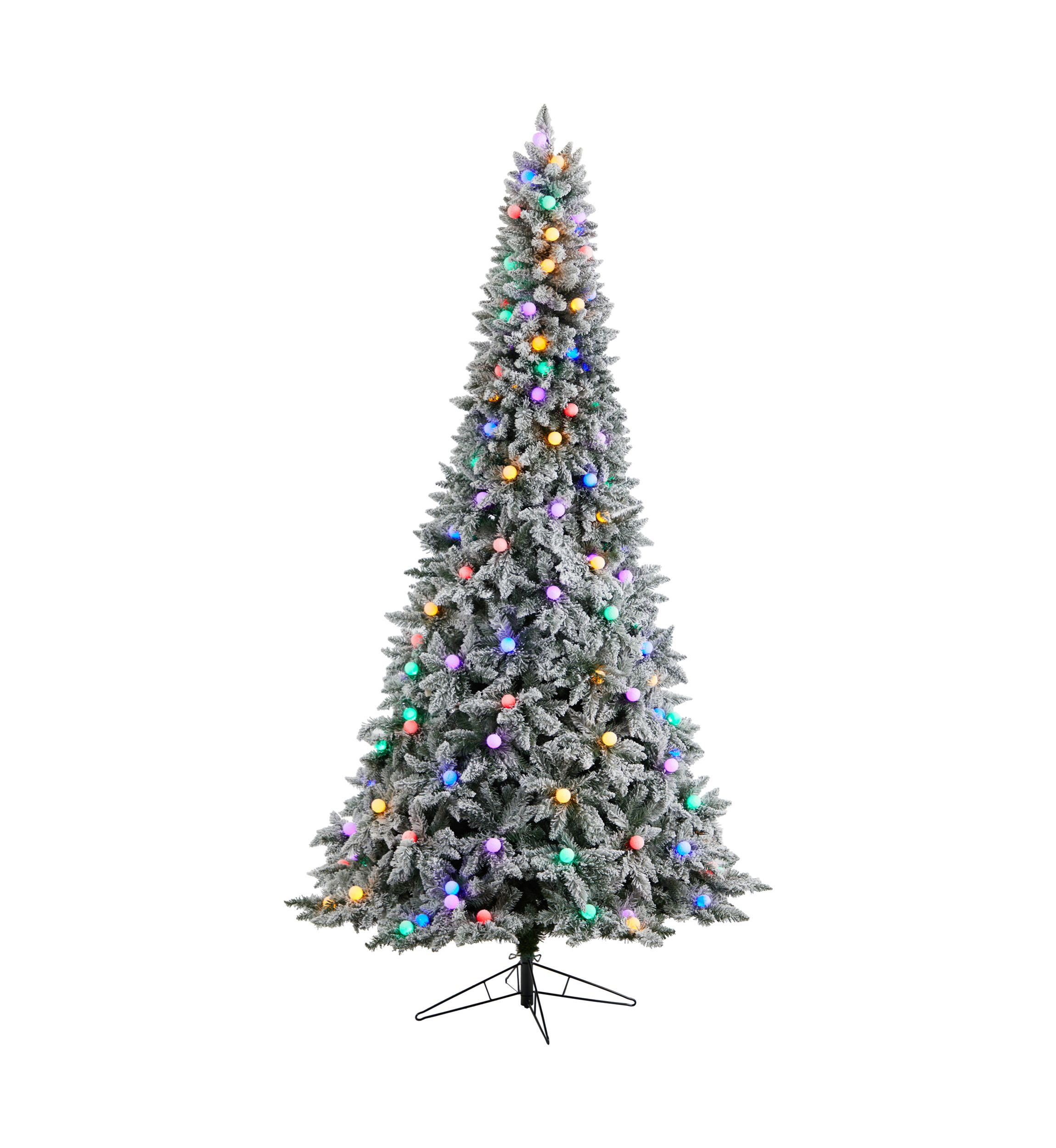 9.5-Foot Flocked British Columbia Mountain Fir Artificial Christmas Tree with 150 Multi Color Globe Bulbs and 2297 Bendable Branches