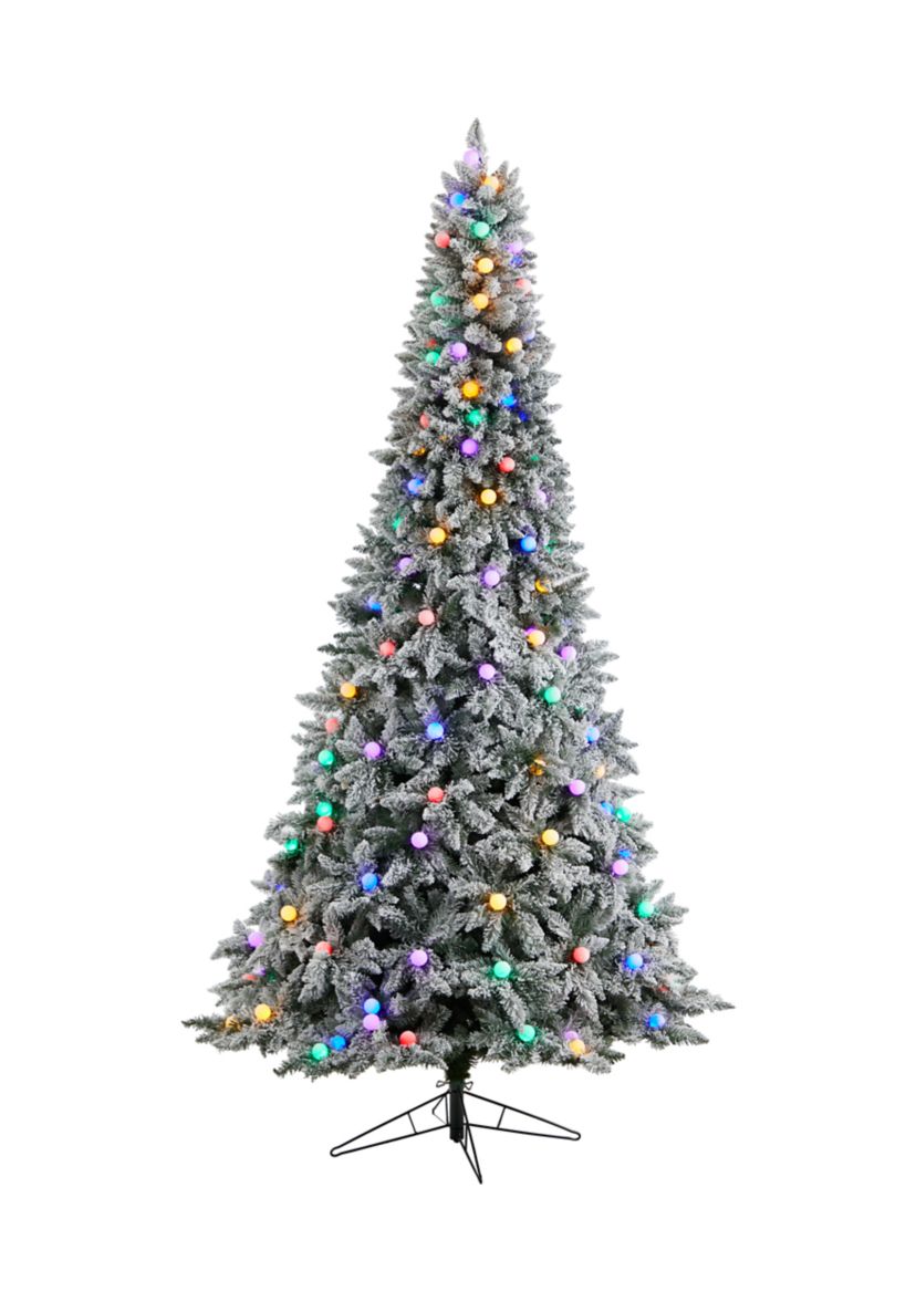 9.5-Foot Flocked British Columbia Mountain Fir Artificial Christmas Tree with 150 Multi Color Globe Bulbs and 2297 Bendable Branches