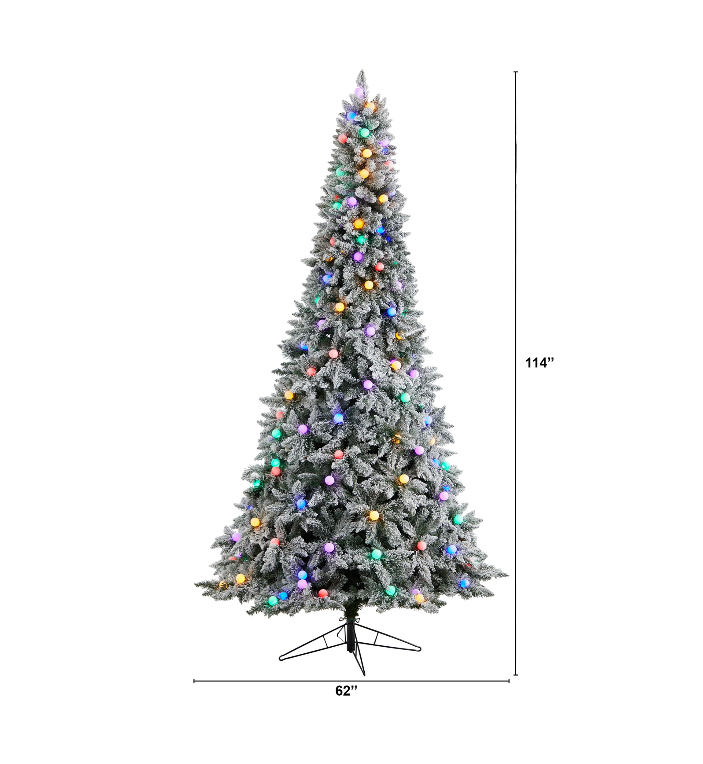 9.5-Foot Flocked British Columbia Mountain Fir Artificial Christmas Tree with 150 Multi Color Globe Bulbs and 2297 Bendable Branches