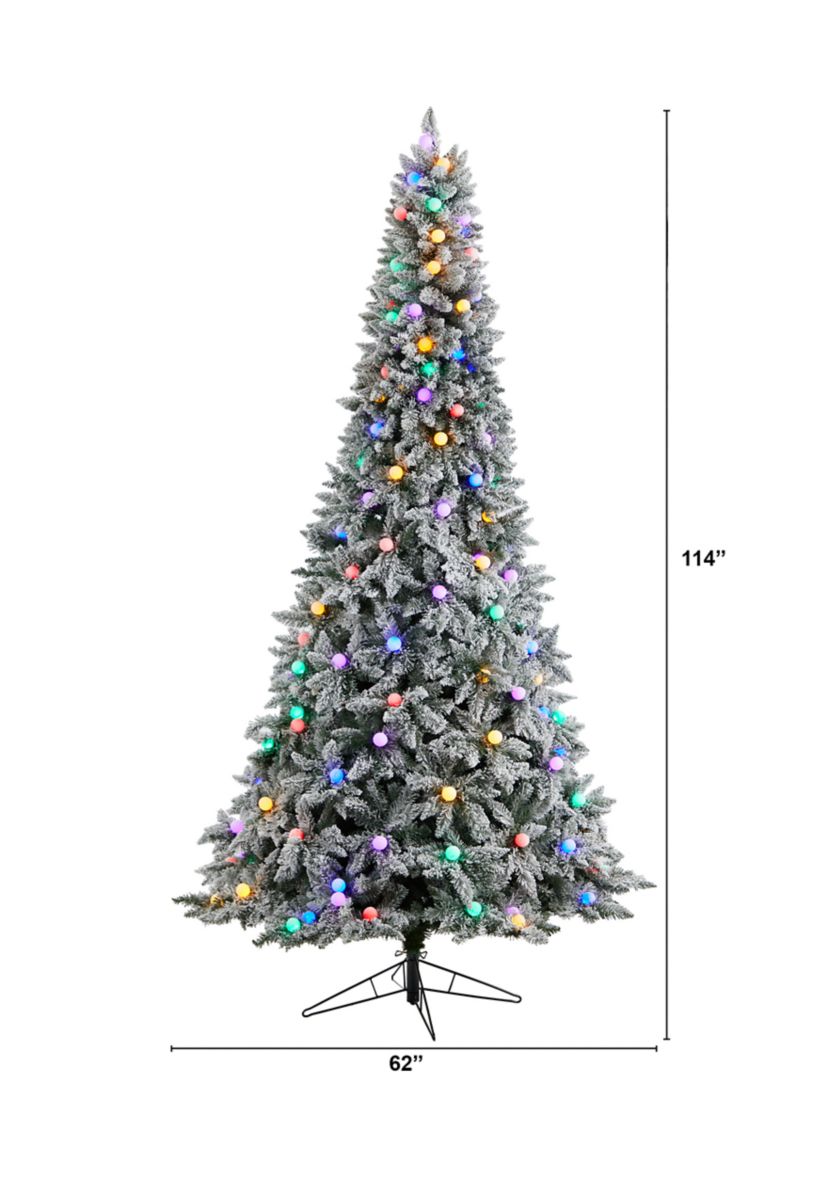 9.5-Foot Flocked British Columbia Mountain Fir Artificial Christmas Tree with 150 Multi Color Globe Bulbs and 2297 Bendable Branches