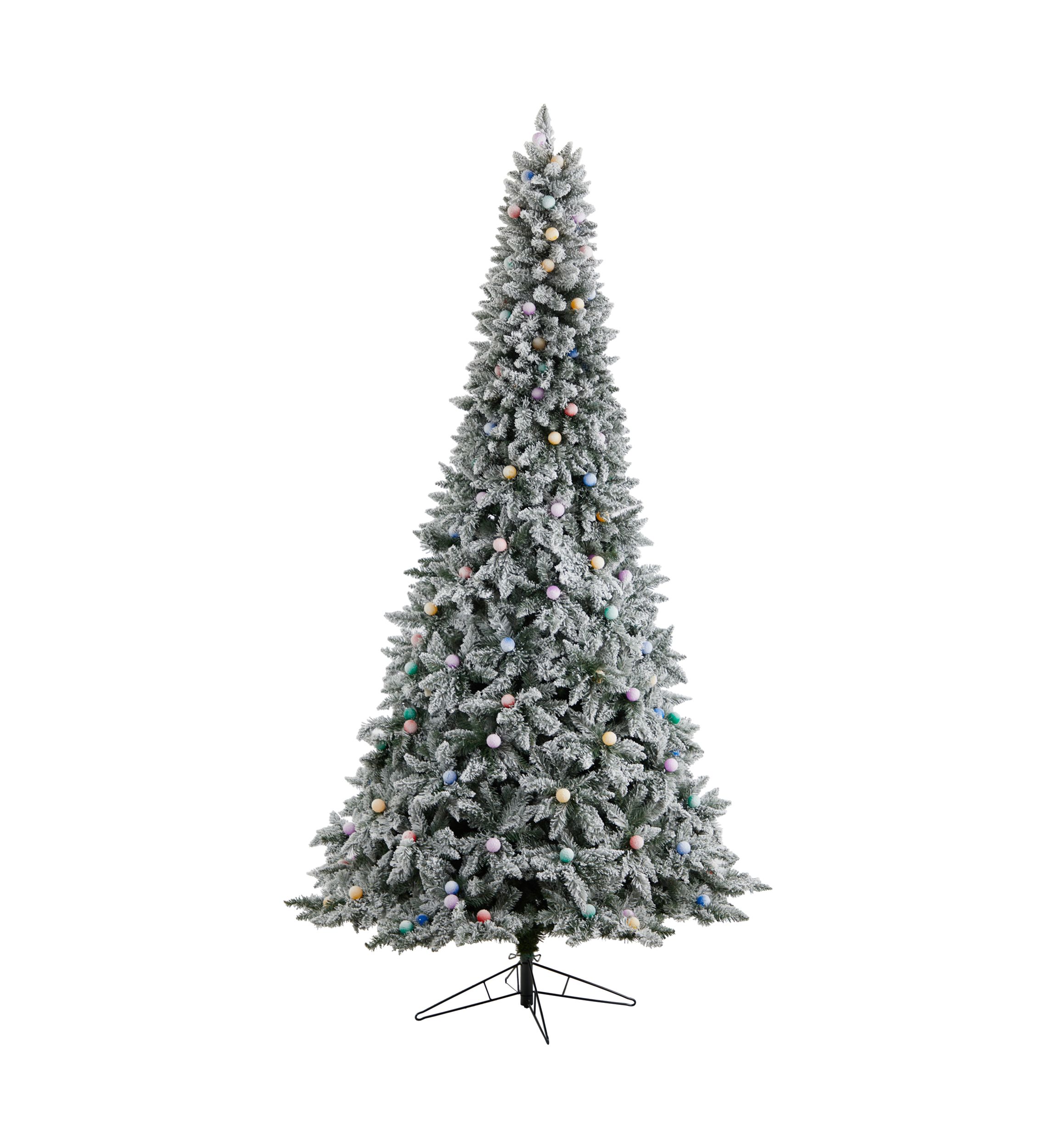 9.5-Foot Flocked British Columbia Mountain Fir Artificial Christmas Tree with 150 Multi Color Globe Bulbs and 2297 Bendable Branches