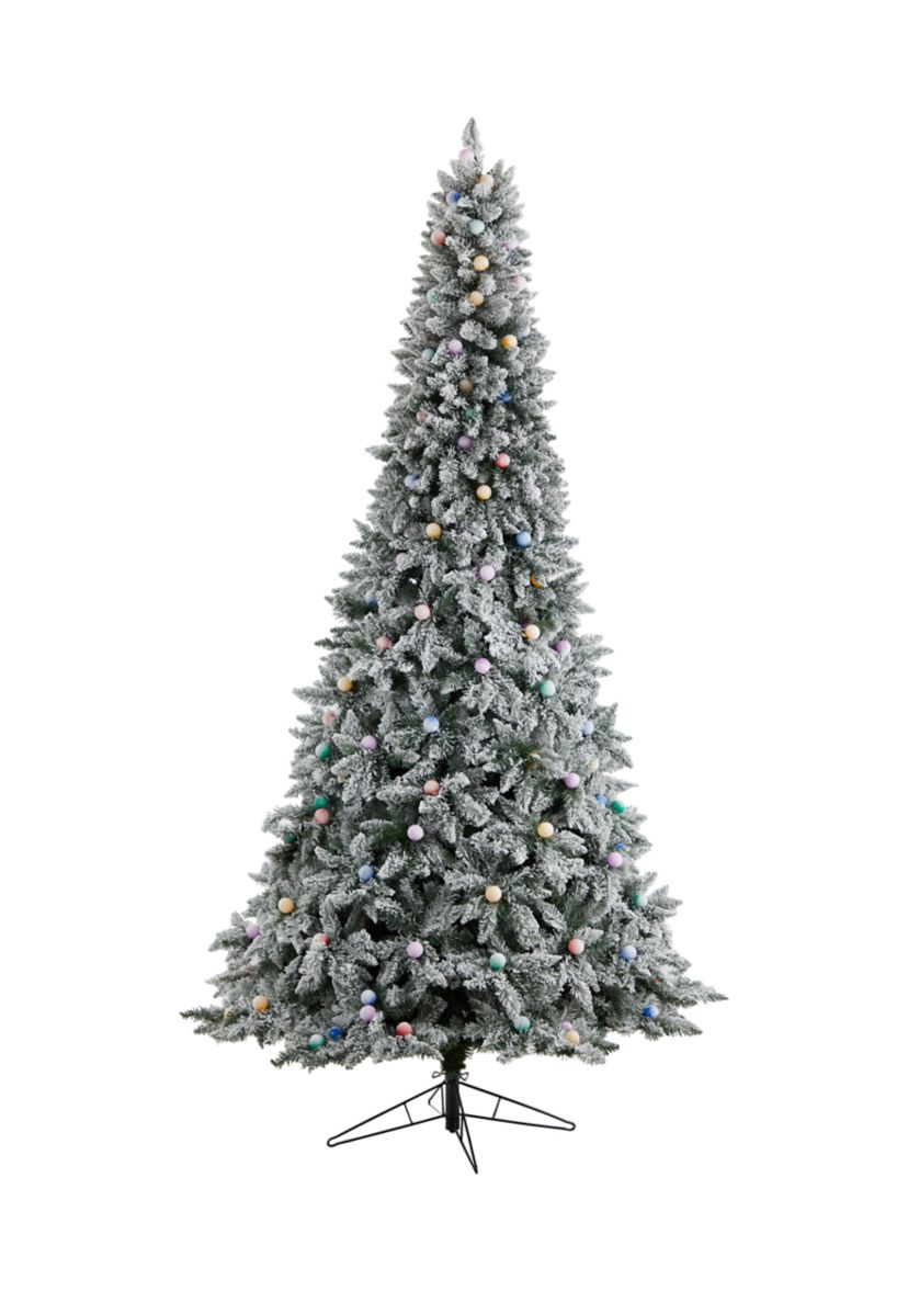 9.5-Foot Flocked British Columbia Mountain Fir Artificial Christmas Tree with 150 Multi Color Globe Bulbs and 2297 Bendable Branches