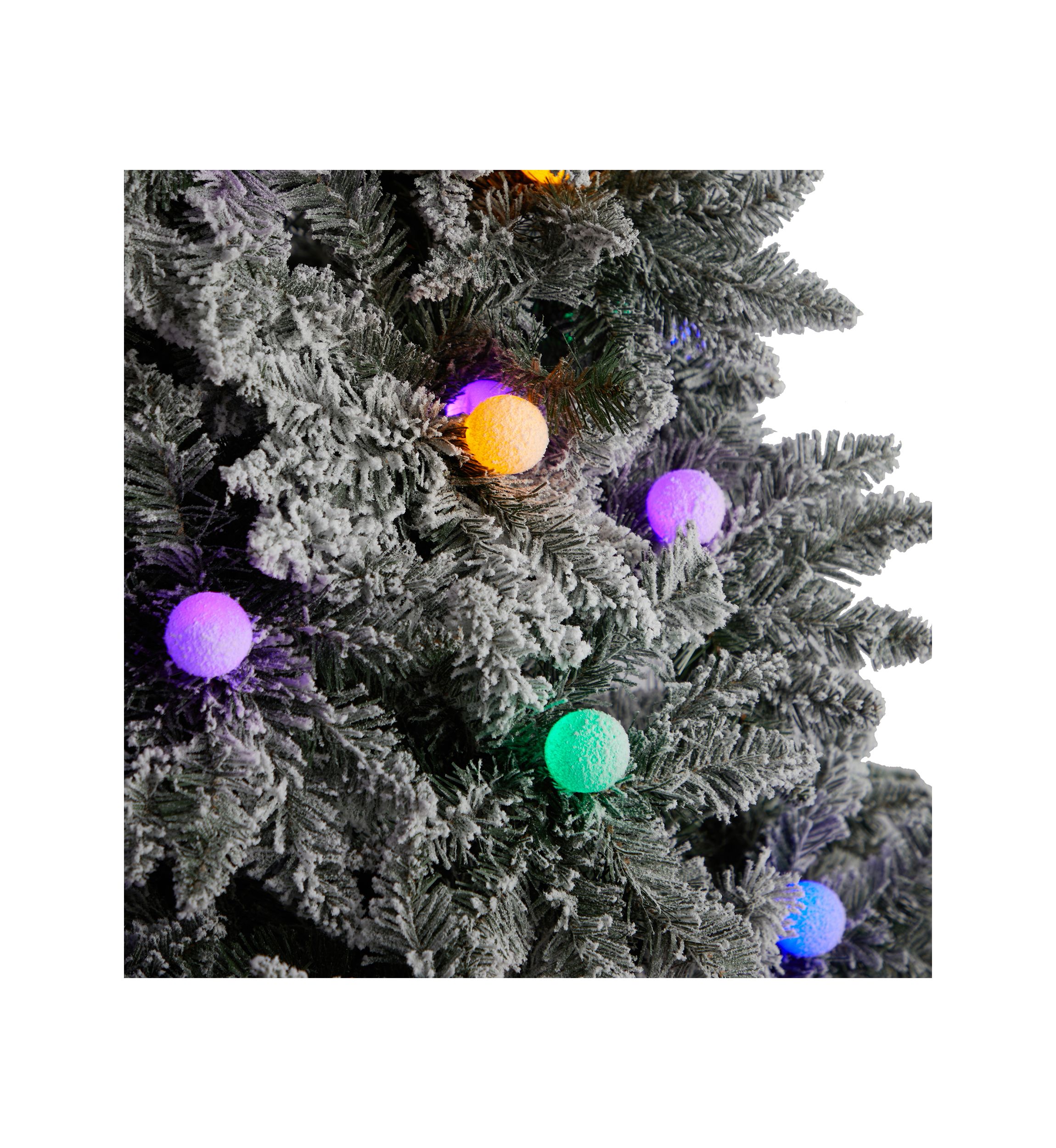 9.5-Foot Flocked British Columbia Mountain Fir Artificial Christmas Tree with 150 Multi Color Globe Bulbs and 2297 Bendable Branches
