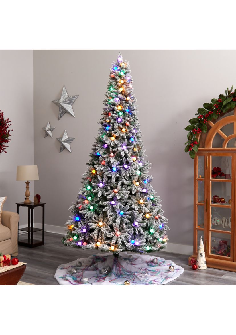 9.5-Foot Flocked British Columbia Mountain Fir Artificial Christmas Tree with 150 Multi Color Globe Bulbs and 2297 Bendable Branches
