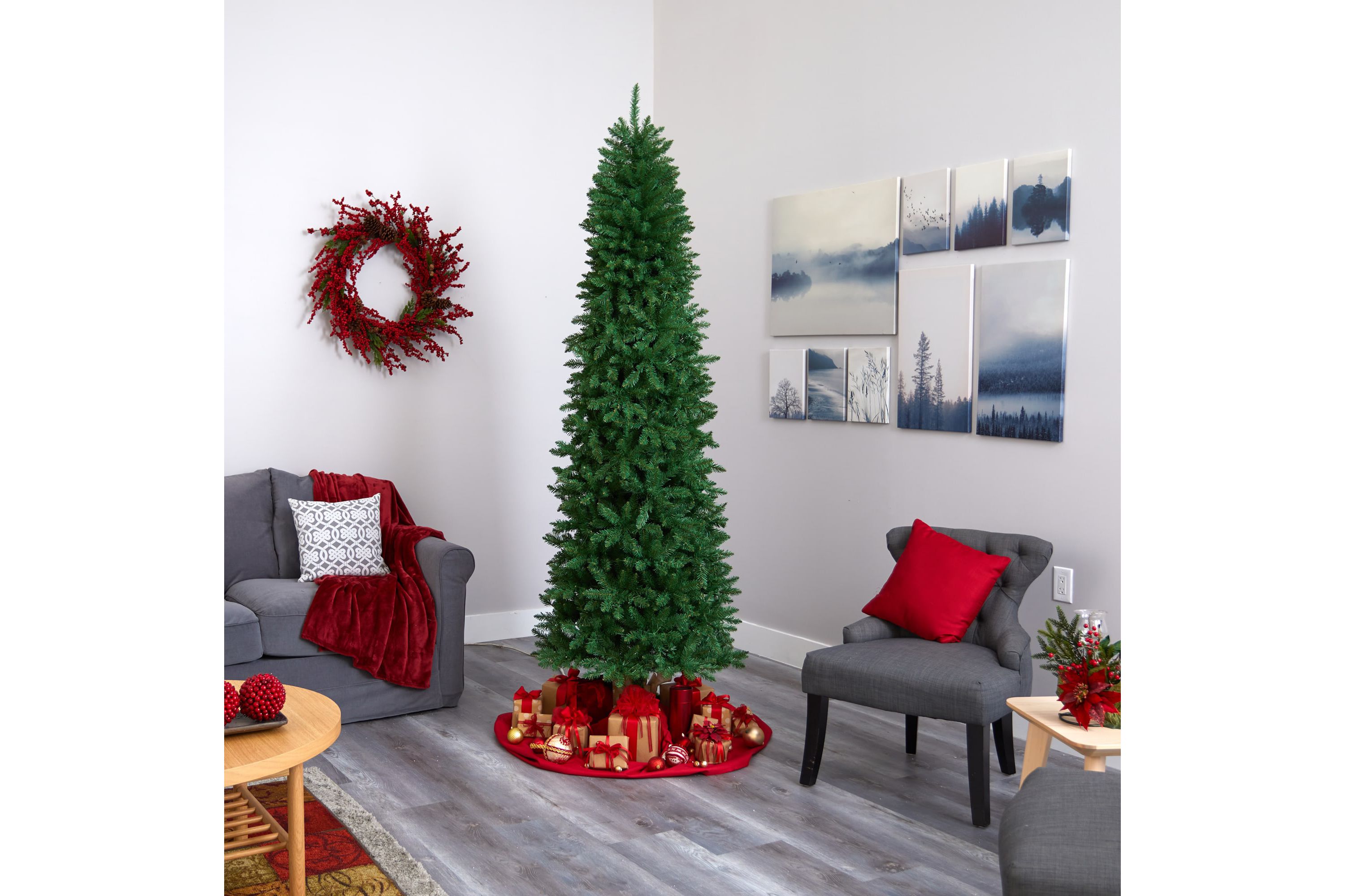 8-Foot Slim Green Mountain Pine Artificial Christmas Tree with 1348 Bendable Branches