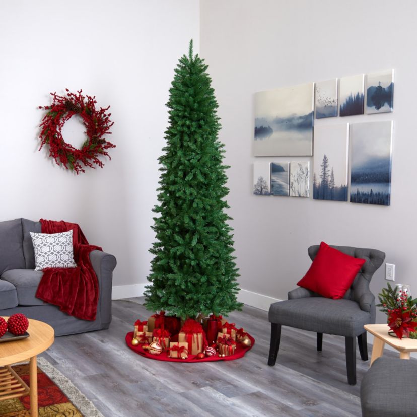 8-Foot Slim Green Mountain Pine Artificial Christmas Tree with 1348 Bendable Branches