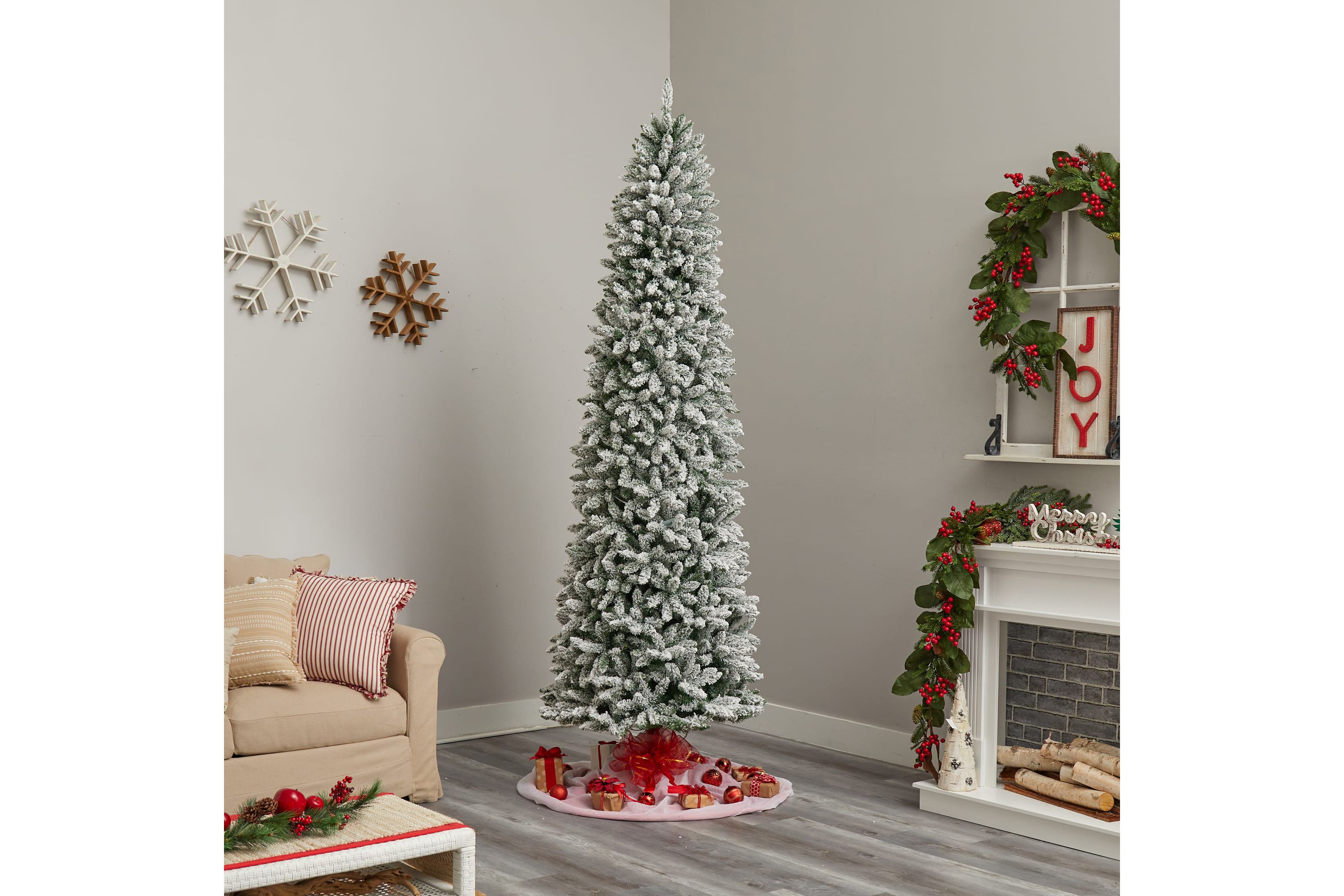 9-Foot Slim Flocked Montreal Fir Artificial Christmas Tree with 1860 Bendable Branches