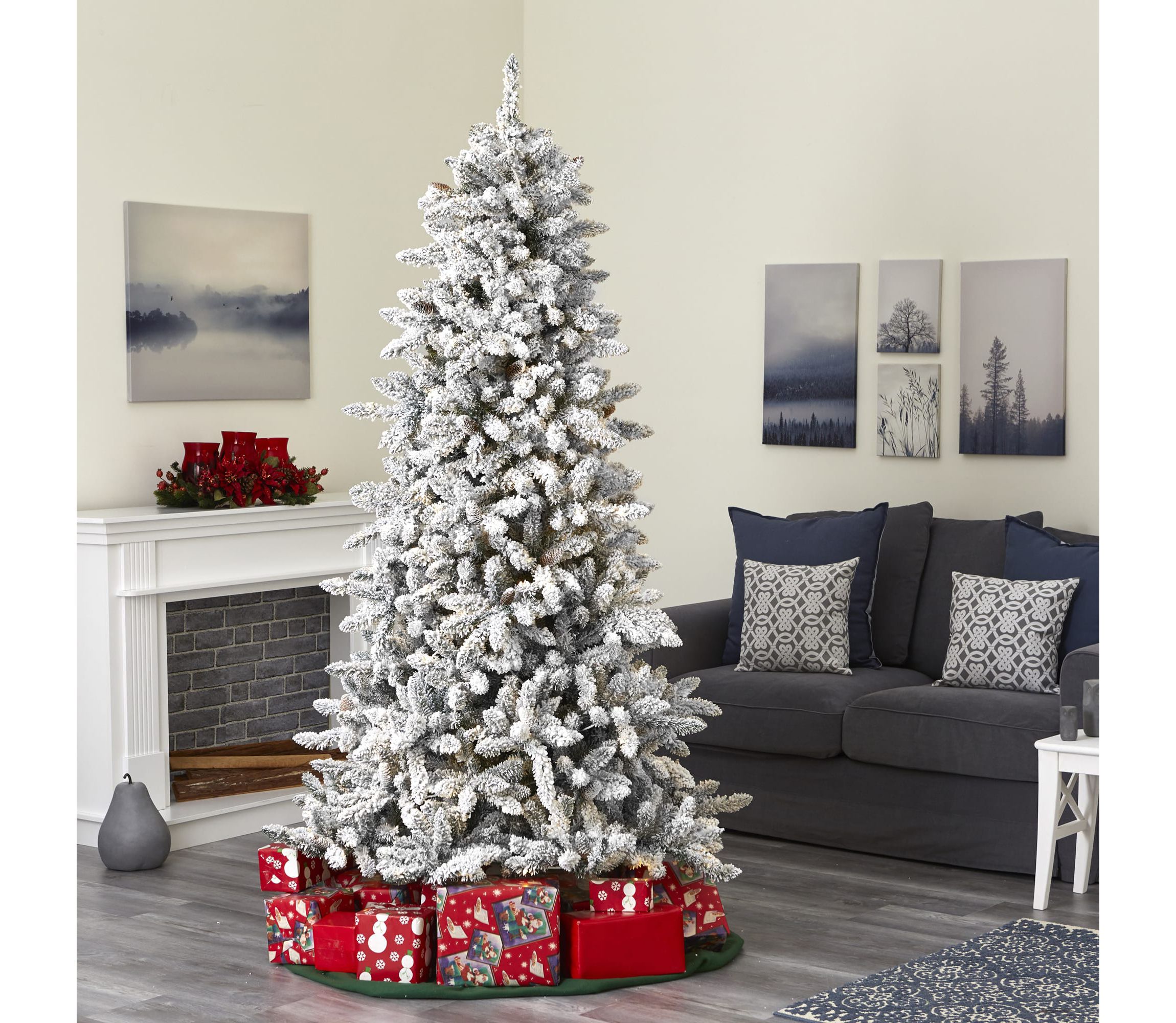7.5-Foot Flocked Livingston Fir Artificial Christmas Tree with Pine Cones and 1336 Bendable Branches