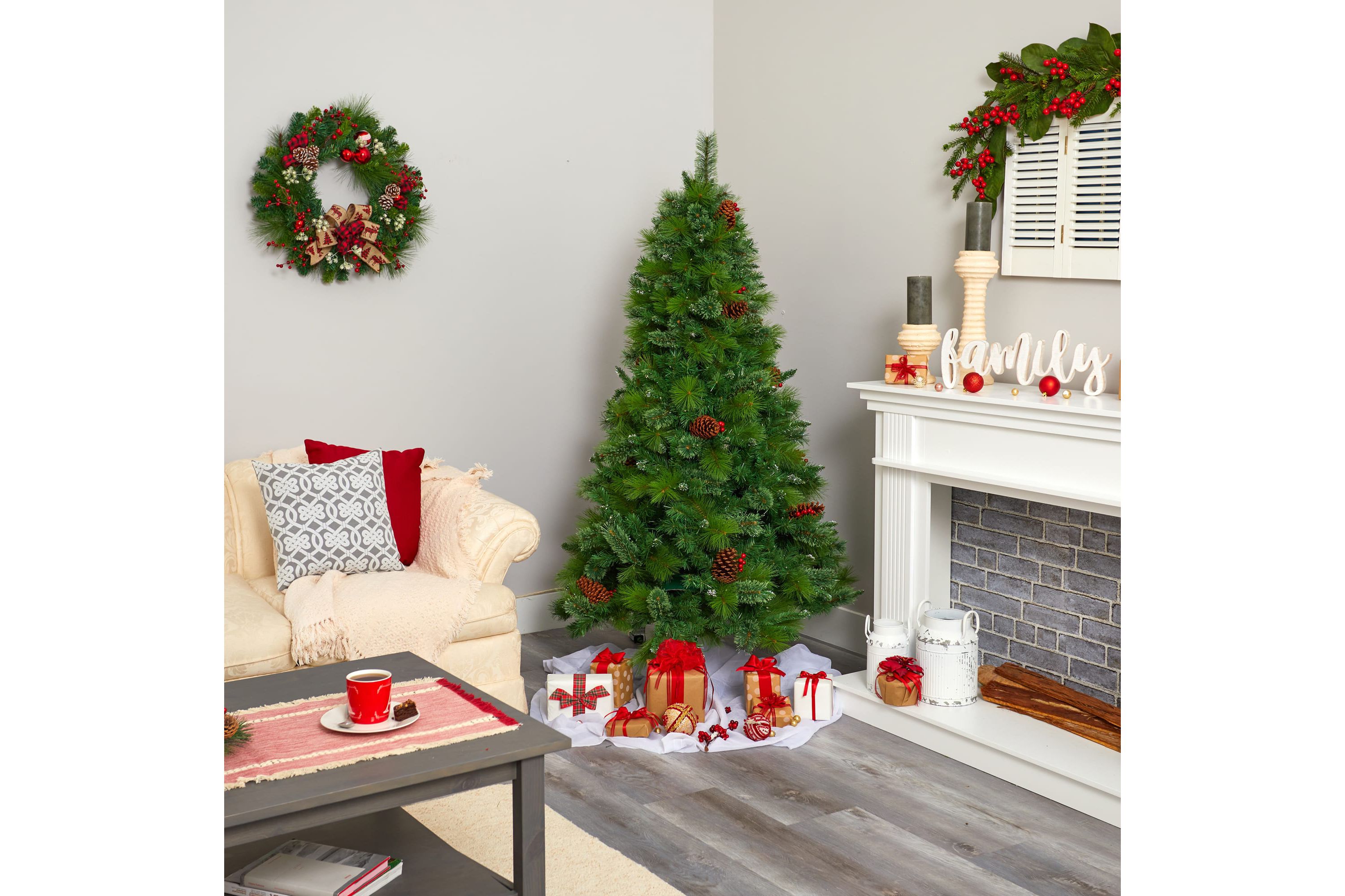 6-Foot Montana Mixed Pine Artificial Christmas Tree with Pine Cones, Berries and 814 Bendable Branches