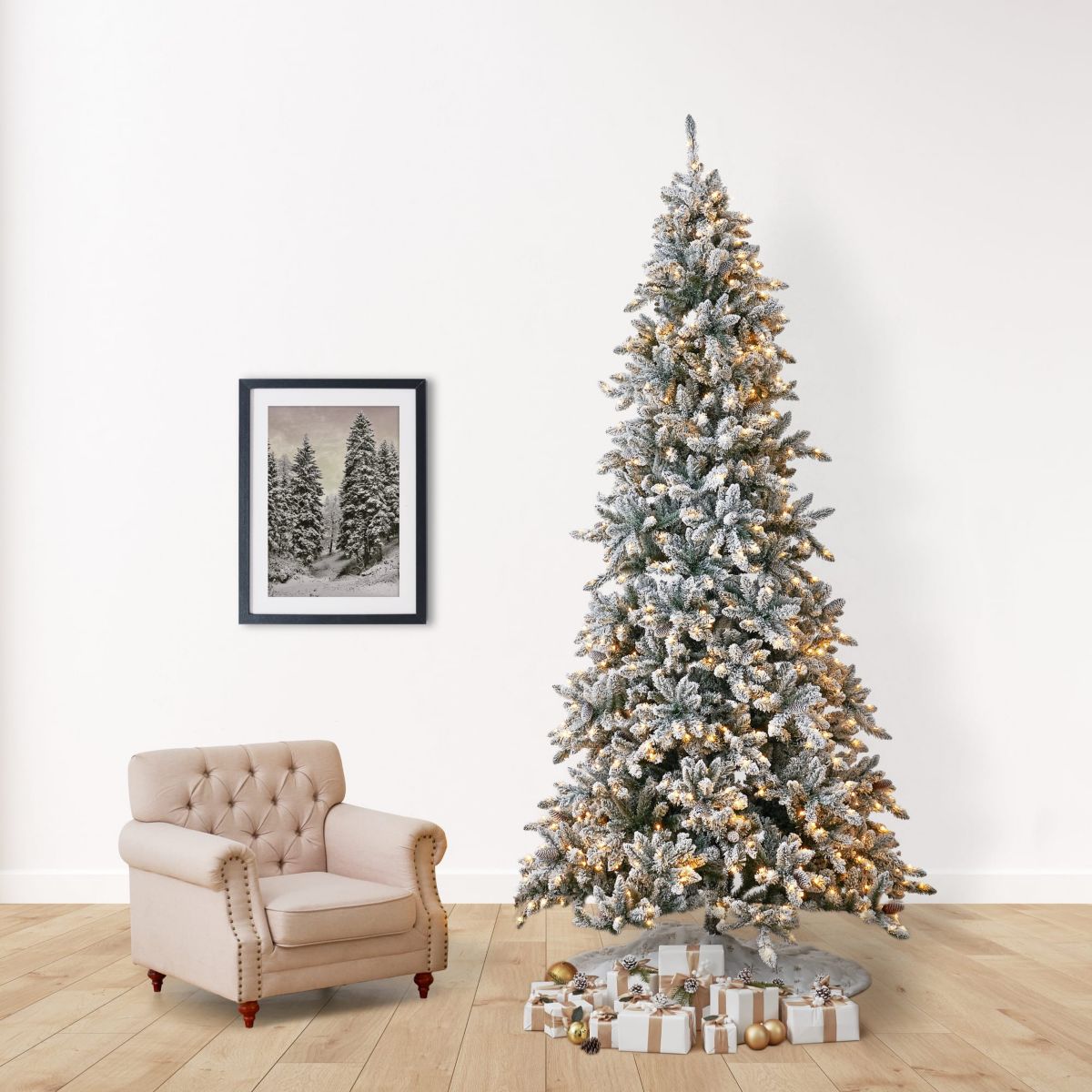 11-Foot Flocked Livingston Fir Artificial Christmas Tree with Pine Cones, 950 Clear Warm LED Lights and 3016 Bendable Branches
