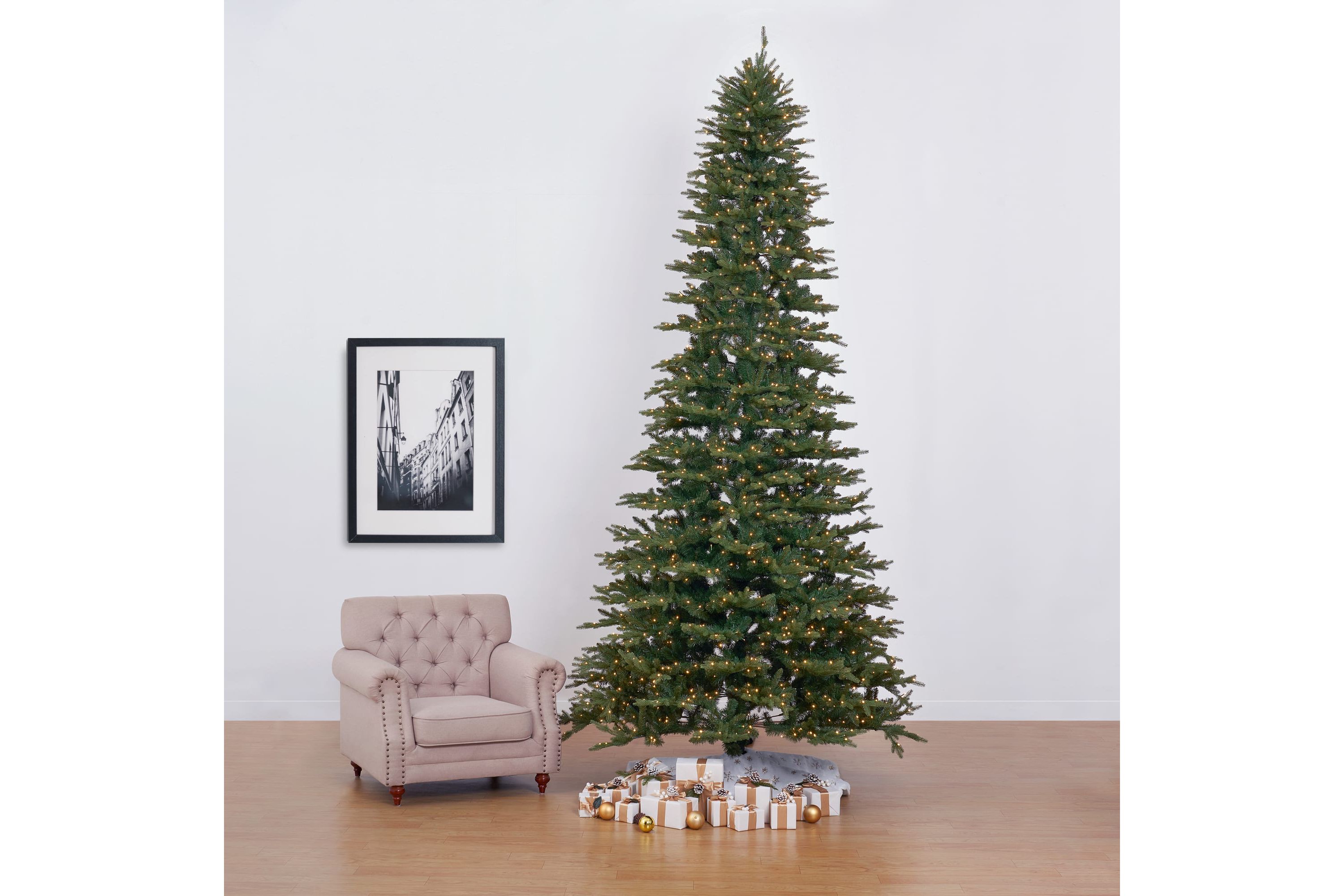 12-Foot Belgium Fir Natural-Look Artificial Christmas Tree with 1500 Clear LED Lights and 4962 Bendable Branches
