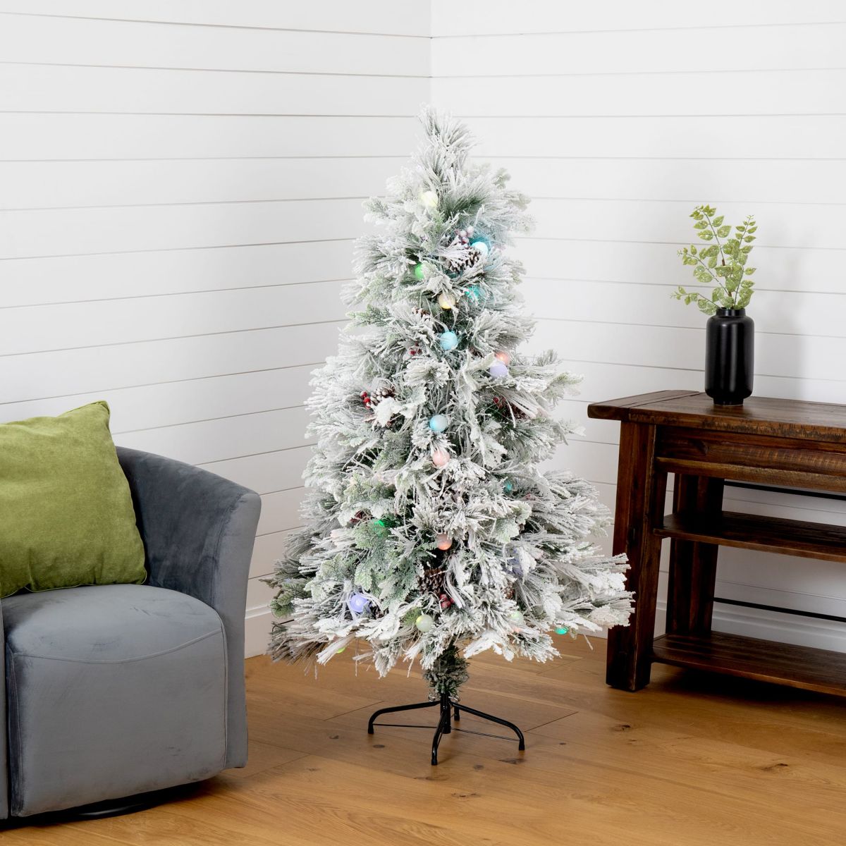 5-Foot Flocked Pre-Lit Fiber Optic Artificial Pinecone and Berries Christmas Tree with 50 Colorful Bubble-Gum LED Lights