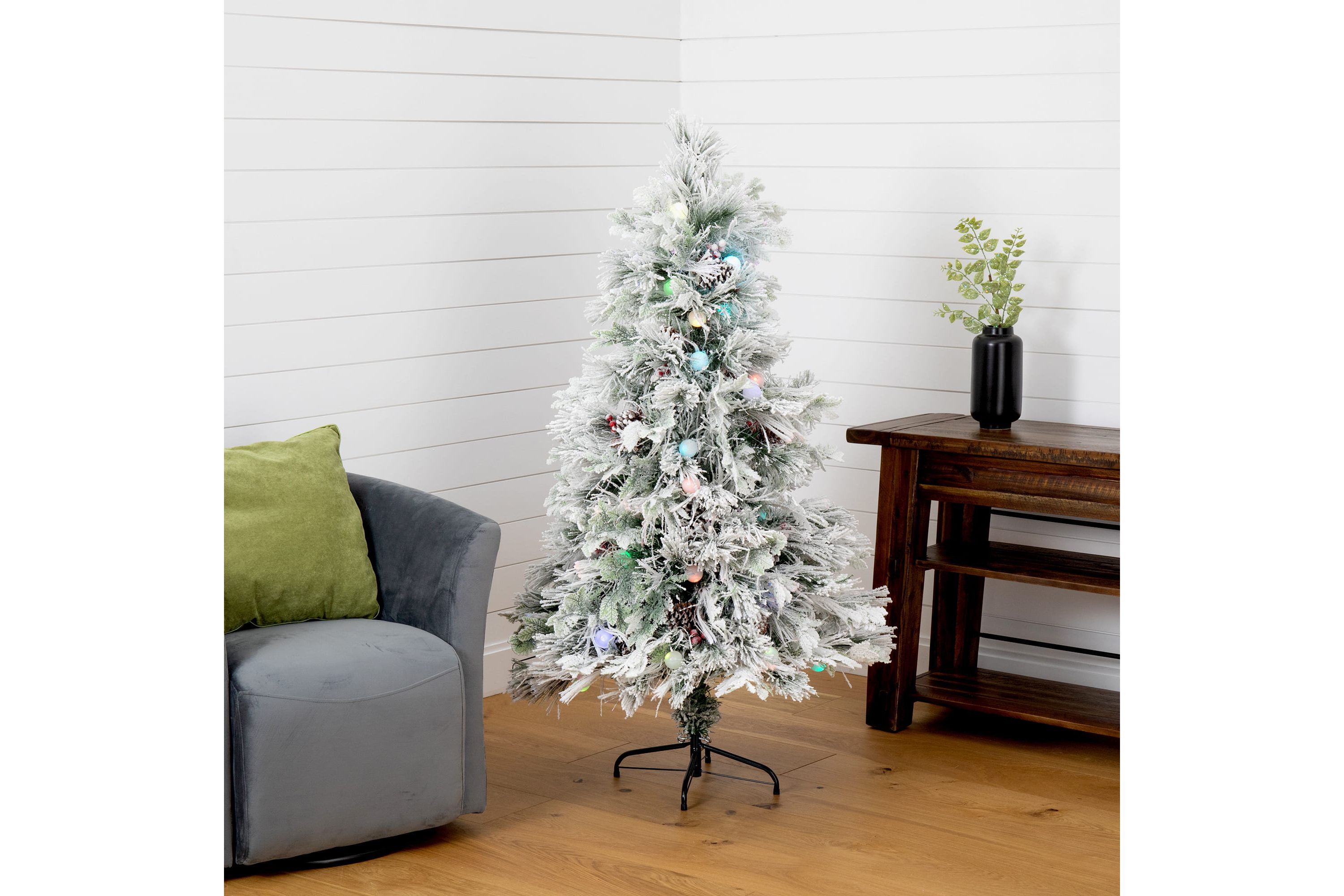 5-Foot Flocked Pre-Lit Fiber Optic Artificial Pinecone and Berries Christmas Tree with 50 Colorful Bubble-Gum LED Lights