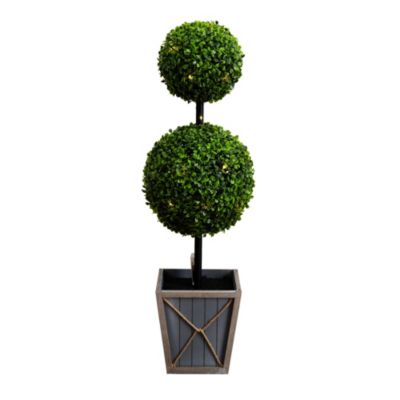 Nearly Natural 3ft. UV Resistant Artificial Double Ball Boxwood Topiary with LED Lights in Decorative Planter (Indoor/Outdoor), Green