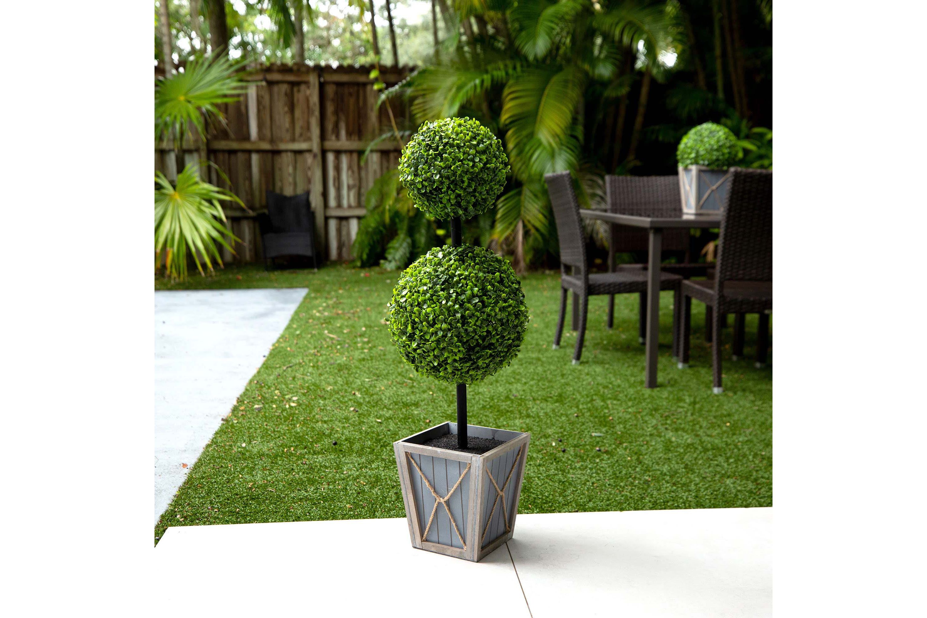 3ft. UV Resistant Artificial Double Ball Boxwood Topiary with LED Lights in Decorative Planter (Indoor/Outdoor)
