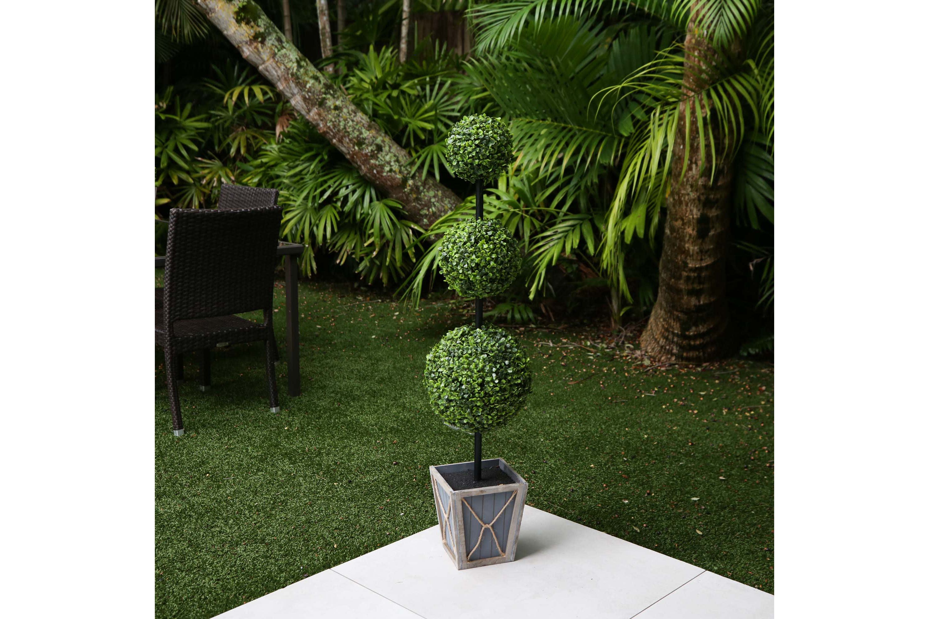 45in. UV Resistant Artificial Triple Ball Boxwood Topiary with LED Lights in Decorative Planter (Indoor/Outdoor)