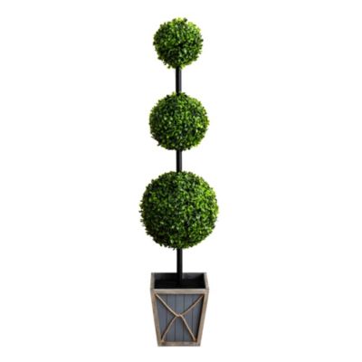 45in. UV Resistant Artificial Triple Ball Boxwood Topiary with LED Lights in Decorative Planter (Indoor/Outdoor)