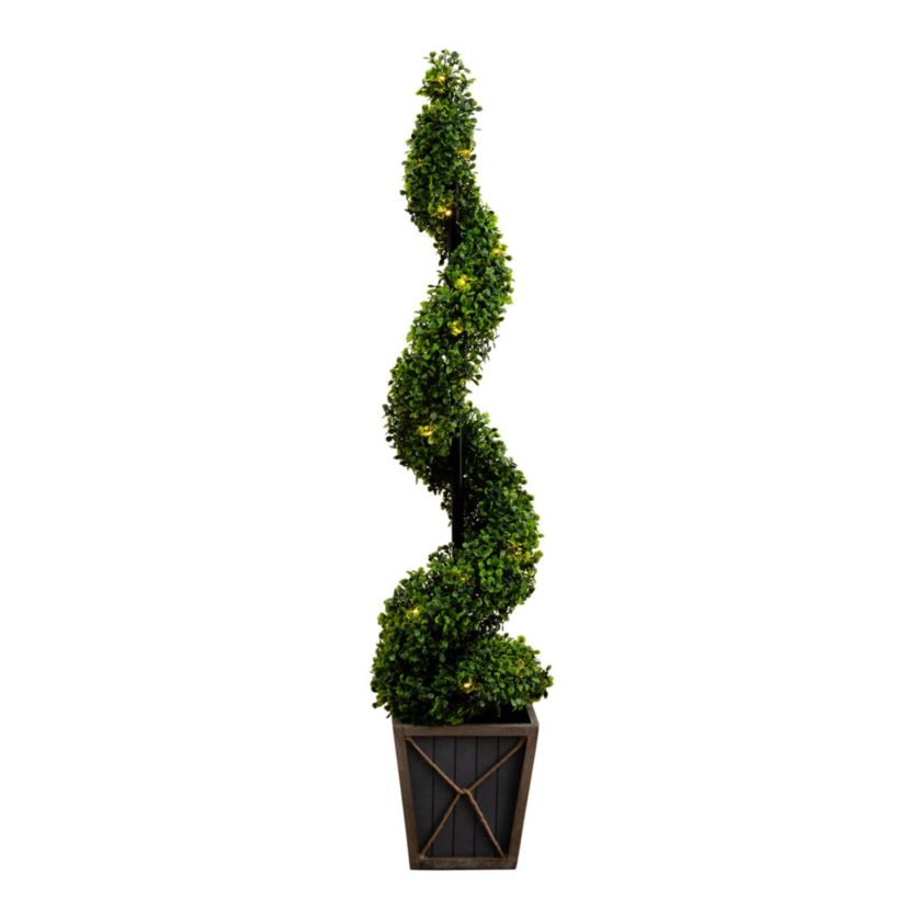 45in. UV Resistant Artificial Boxwood Spiral Topiary Tree with LED Lights in Decorative Planter (Indoor/Outdoor)