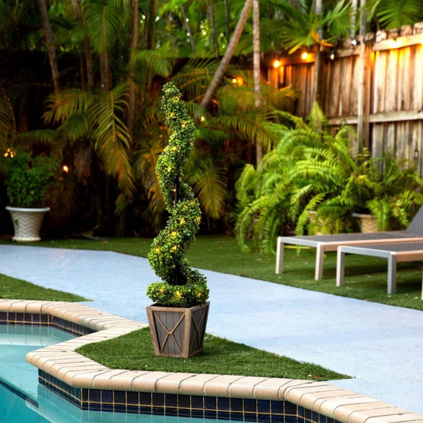 45in. UV Resistant Artificial Boxwood Spiral Topiary Tree with LED Lights in Decorative Planter (Indoor/Outdoor)