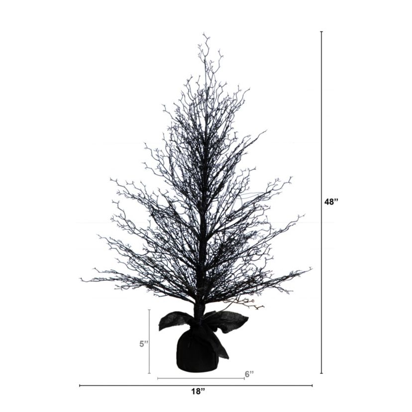 4ft. Pre-Lit Halloween Black Twig Artificial Fall Tree in Burlap Planter with 63 Warm White LED Lights
