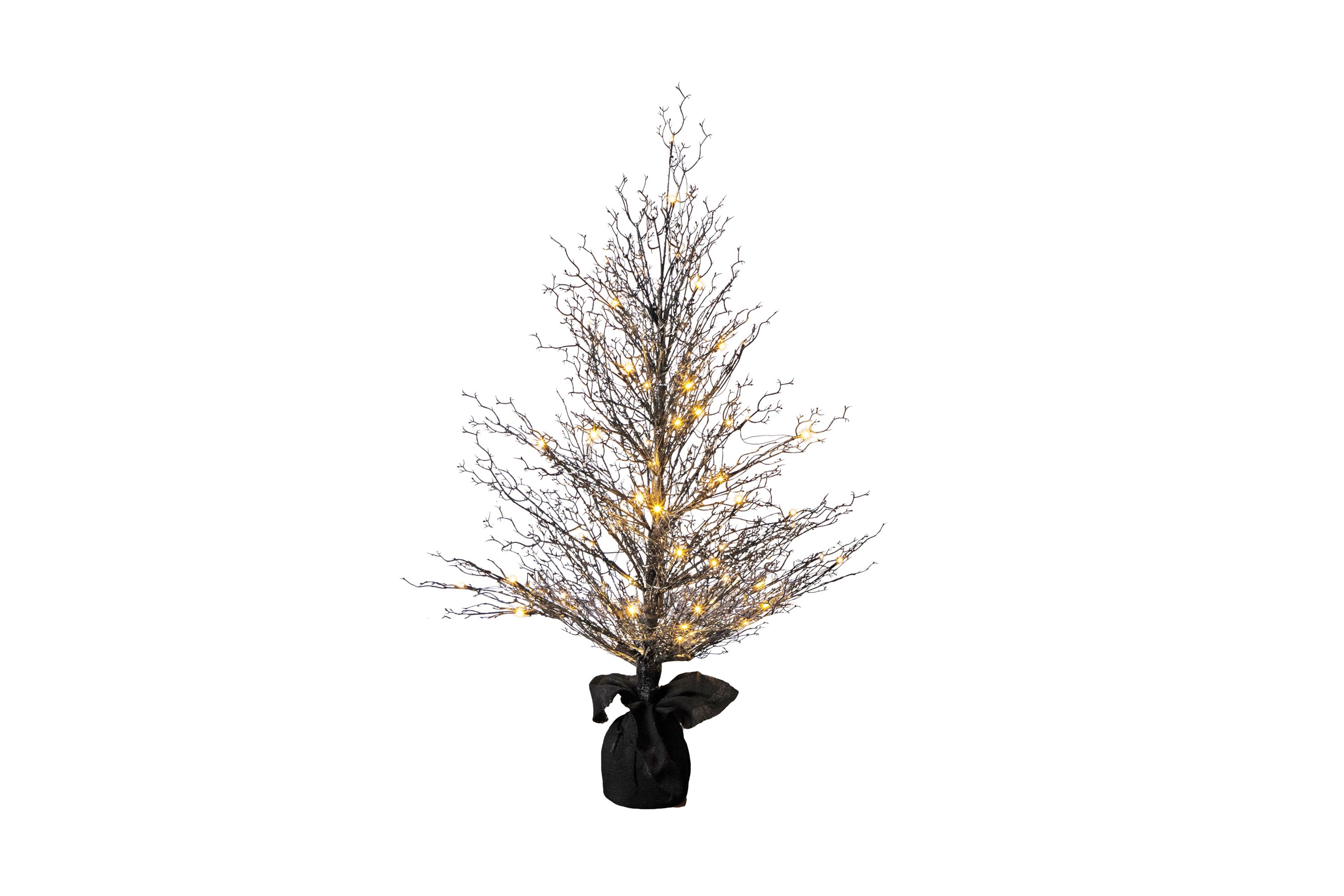 4ft. Pre-Lit Halloween Black Twig Artificial Fall Tree in Burlap Planter with 63 Warm White LED Lights