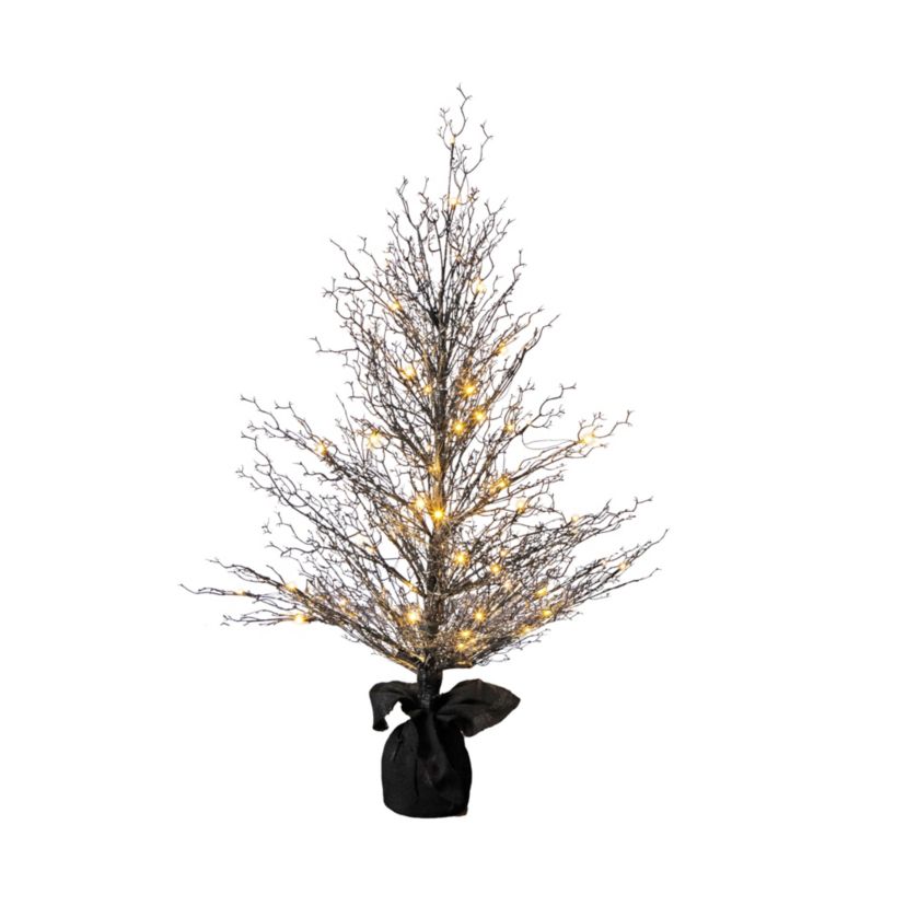4ft. Pre-Lit Halloween Black Twig Artificial Fall Tree in Burlap Planter with 63 Warm White LED Lights