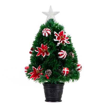 Nearly Natural 24in. Pre-Lit Fiber Optic Artificial Christmas Tree with Ornaments, Poinsettia and Star Topper, Green, 2 Foot