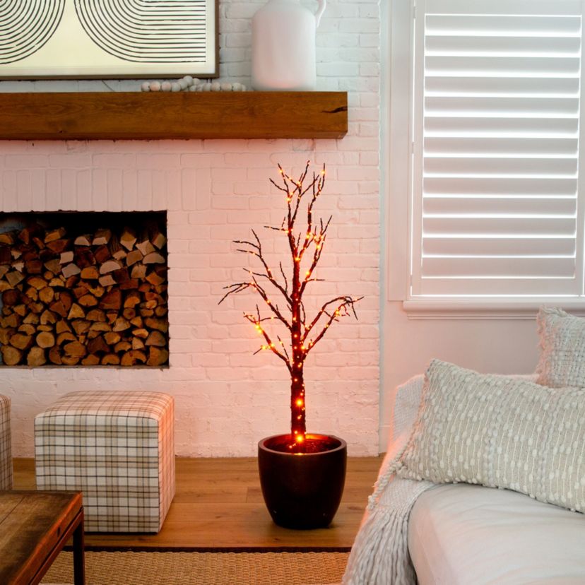 4ft. Pre-Lit Halloween Black Twig Artificial Fall Tree with 240 Orange and Purple LED Lights