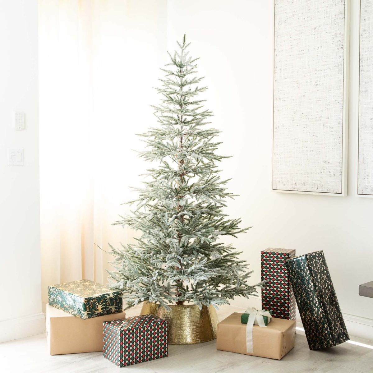 7ft. Pre-Lit Artificial Flocked Woodland Fir Christmas Tree with 200 Warm White LED Lights