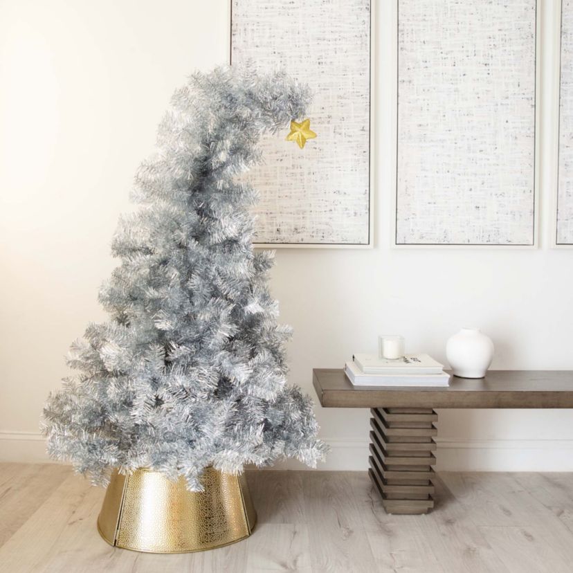 5ft. Artificial Silver Tinsel Holiday Santas Hat Christmas Tree with Star Topper