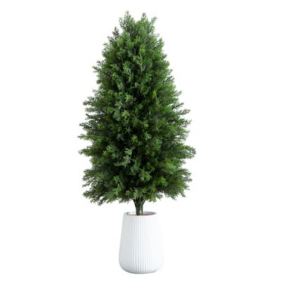 Nearly Natural 3ft. UV Resistant Artificial Cedar Tree in Decorative White Planter (Indoor/Outdoor), Green