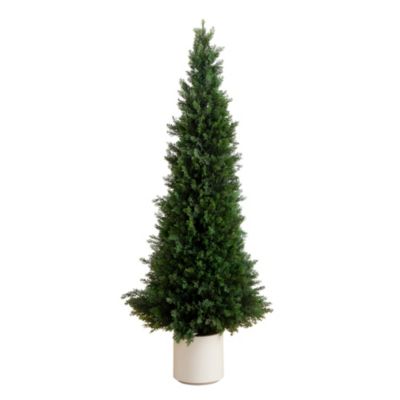 Nearly Natural 5ft. UV Resistant Artificial Cedar Tree in Decorative White Planter (Indoor/Outdoor), Green