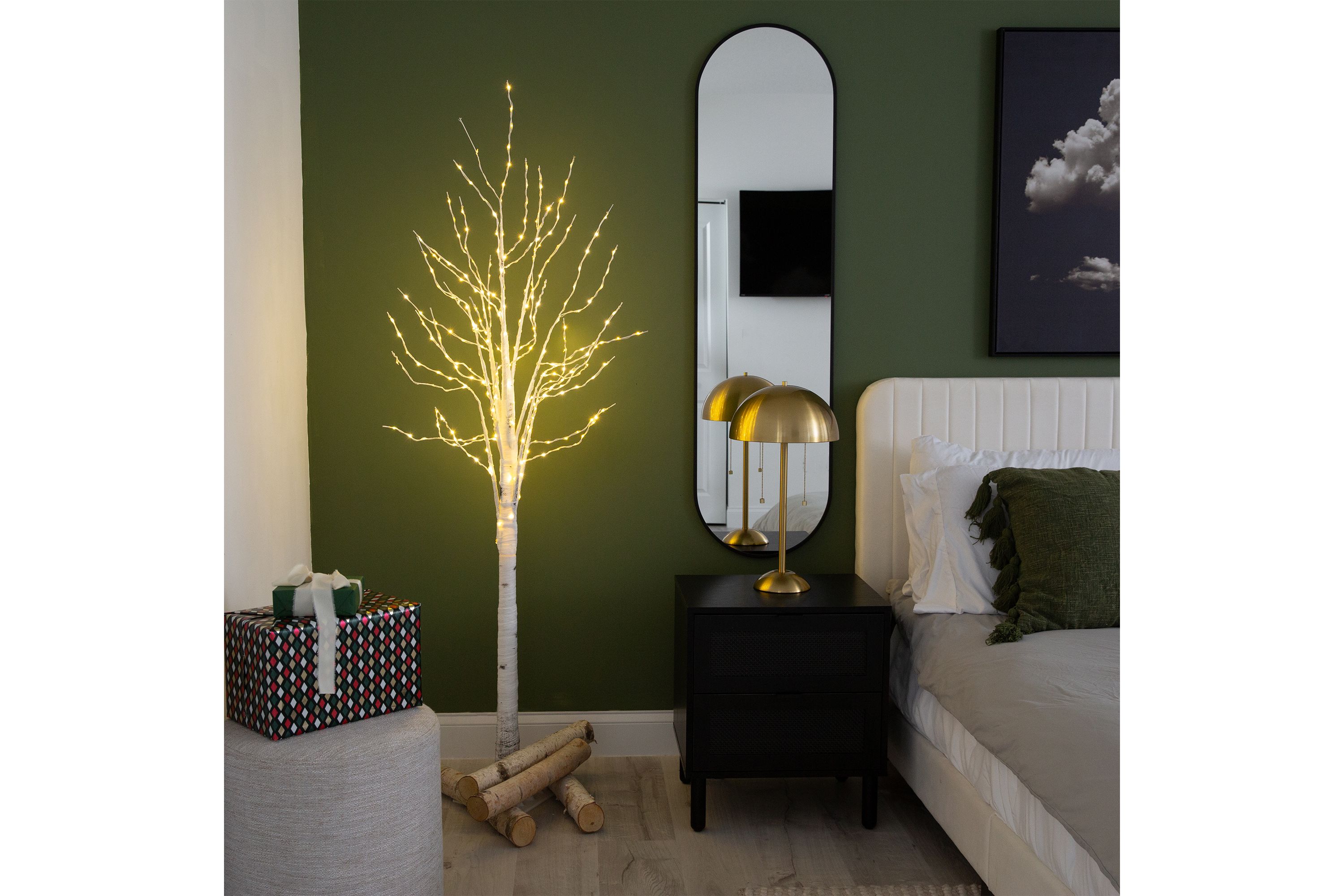 6ft. Pre-Lit Artificial White Birch Tree with 300 Warm White LED Lights