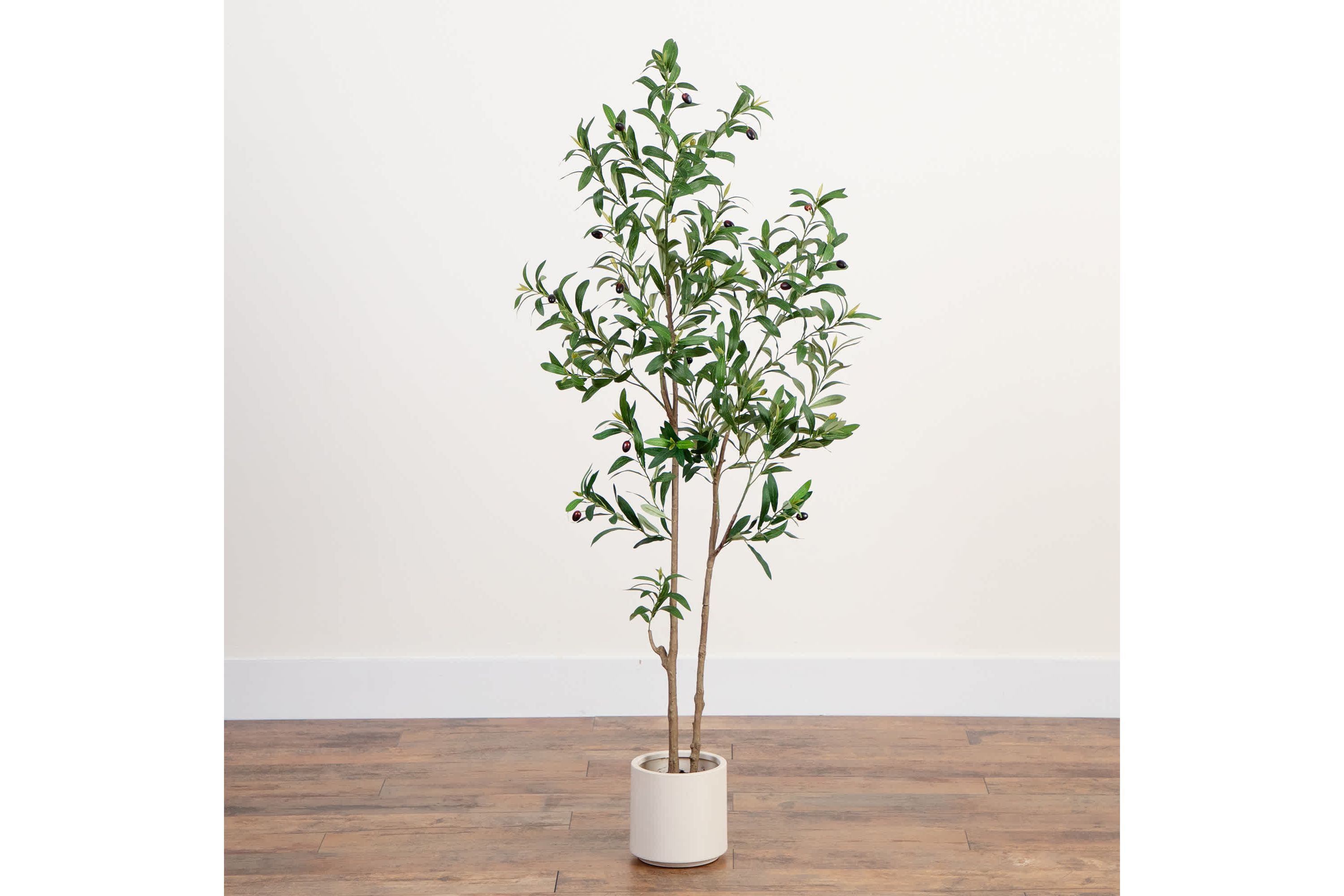 5-Foot Artificial Minimalist Olive Tree in White Decorative Planter