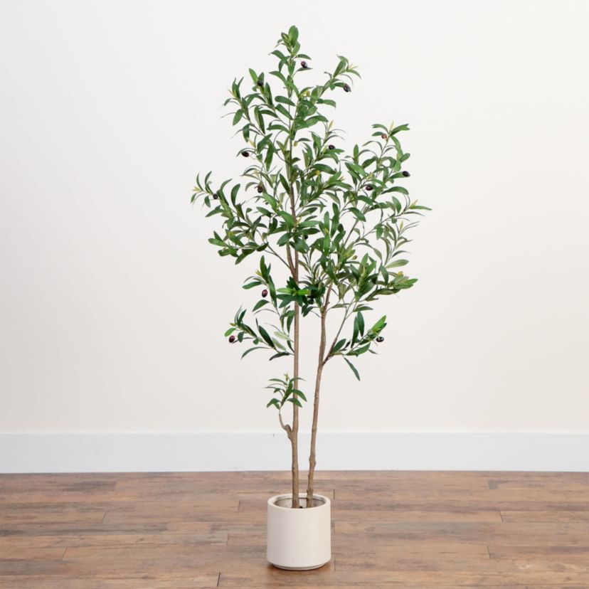 5-Foot Artificial Minimalist Olive Tree in White Decorative Planter