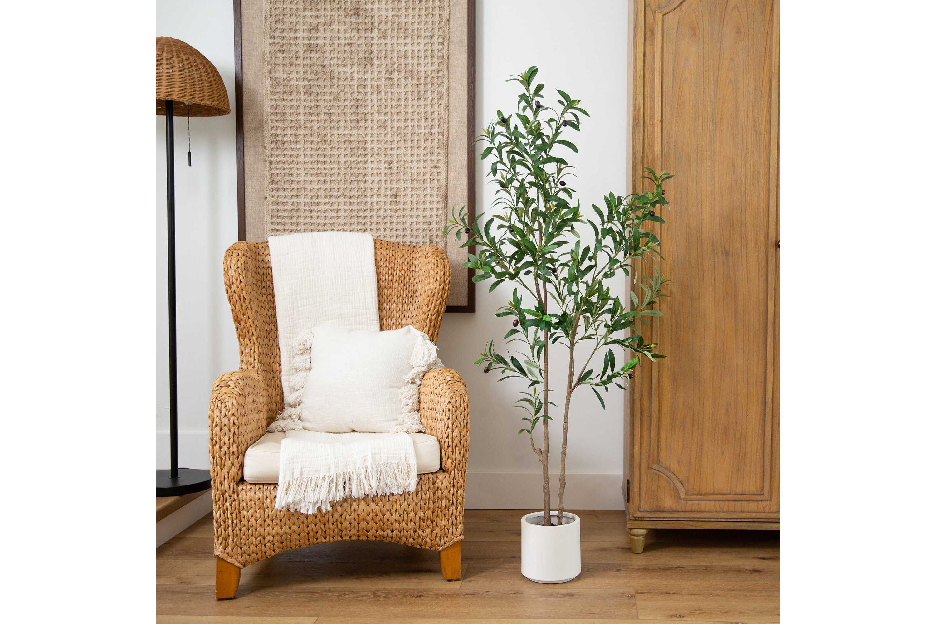 5-Foot Artificial Minimalist Olive Tree in White Decorative Planter