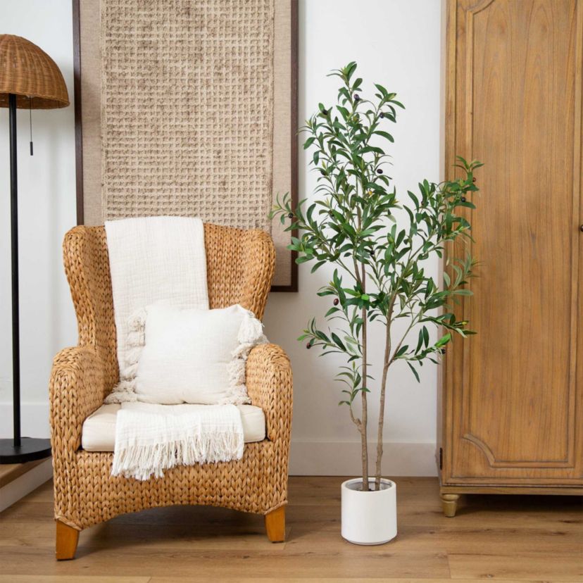 5-Foot Artificial Minimalist Olive Tree in White Decorative Planter
