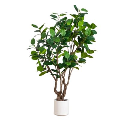 Nearly Natural 6-Foot Artificial Audrey Ficus Leaf Tree in White Decorative Planter, Green