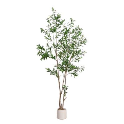 Nearly Natural 7-Foot Artificial Minimalist Olive Tree in White Decorative Planter
