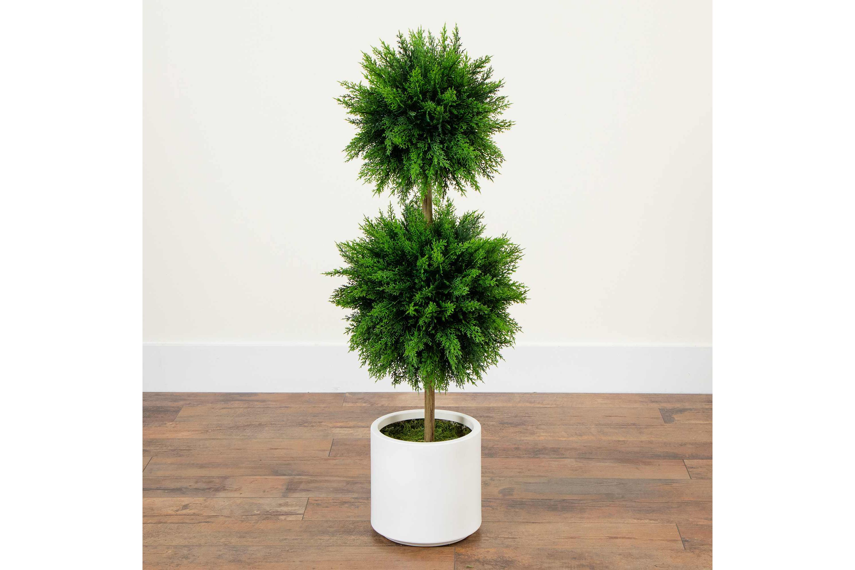 3.5-Foot UV Resistant Artificial Cedar Double Ball Topiary Tree in White Decorative Planter (Indoor/Outdoor)