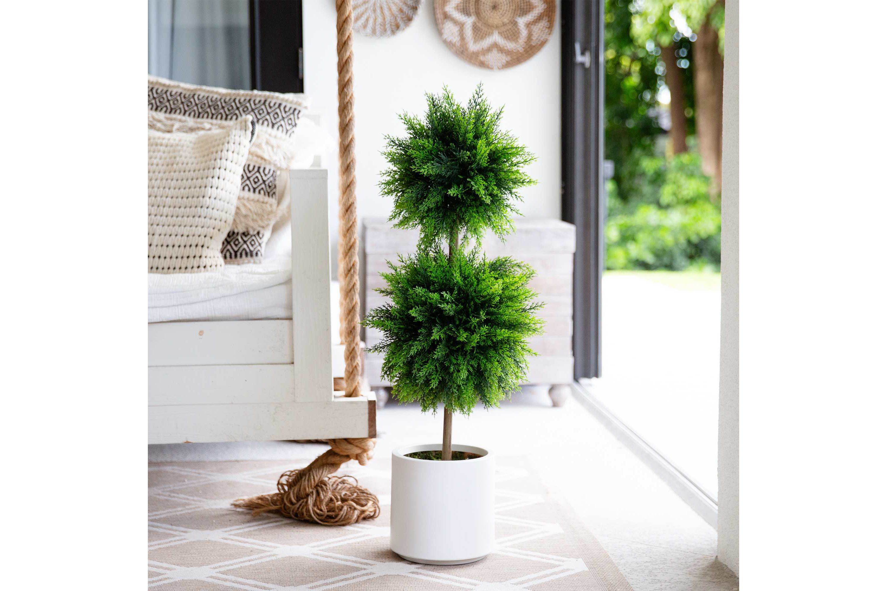 3.5-Foot UV Resistant Artificial Cedar Double Ball Topiary Tree in White Decorative Planter (Indoor/Outdoor)