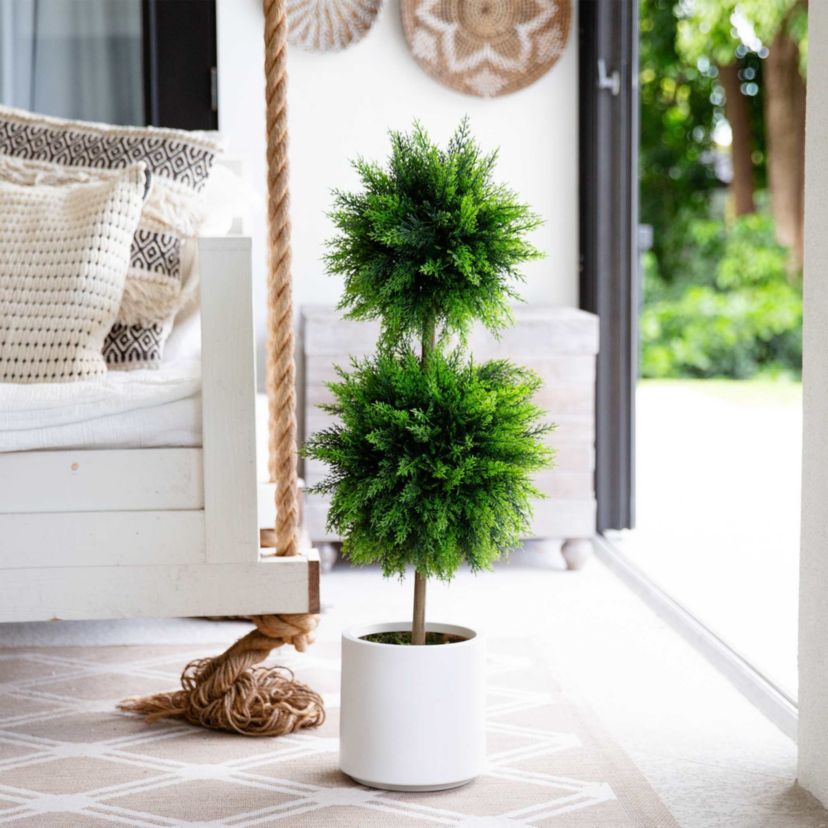 3.5-Foot UV Resistant Artificial Cedar Double Ball Topiary Tree in White Decorative Planter (Indoor/Outdoor)